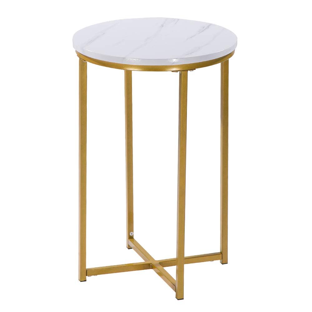 White Marble Round Side Table with MDF Metal Base - Modern Coffee Table & Accent End Table for Living Room, Bedroom, Apartment - Perfect for Small Spaces & Home Decor