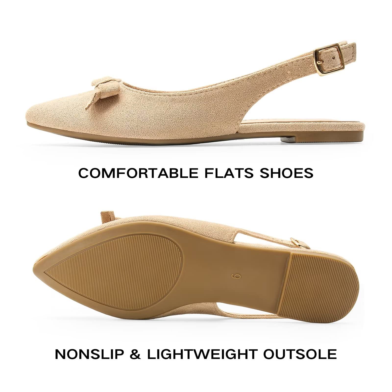 MUSSHOE Women's Pointed Toe Slingback Flats - Comfortable Dressy Summer Shoes for Women, Beige Size 9 | Perfect for Office, Weddings & Casual Outings