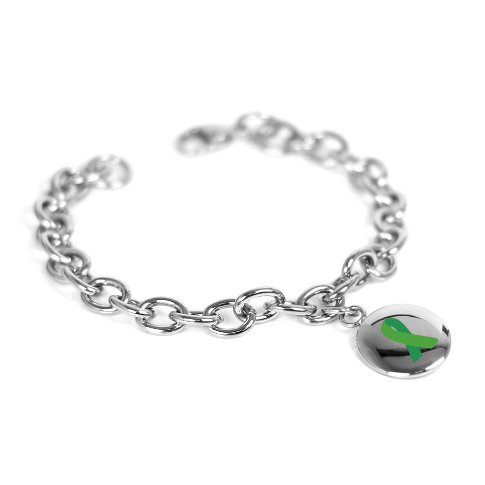 Custom Engraved Green Awareness Charm Bracelet - Stainless Steel O-Link Chain for Women, Personalized Inspirational Jewelry Gift for Cancer Survivors, Nurses & Healthcare Workers - Perfect for Fundraisers, Support Groups and Special Occasions