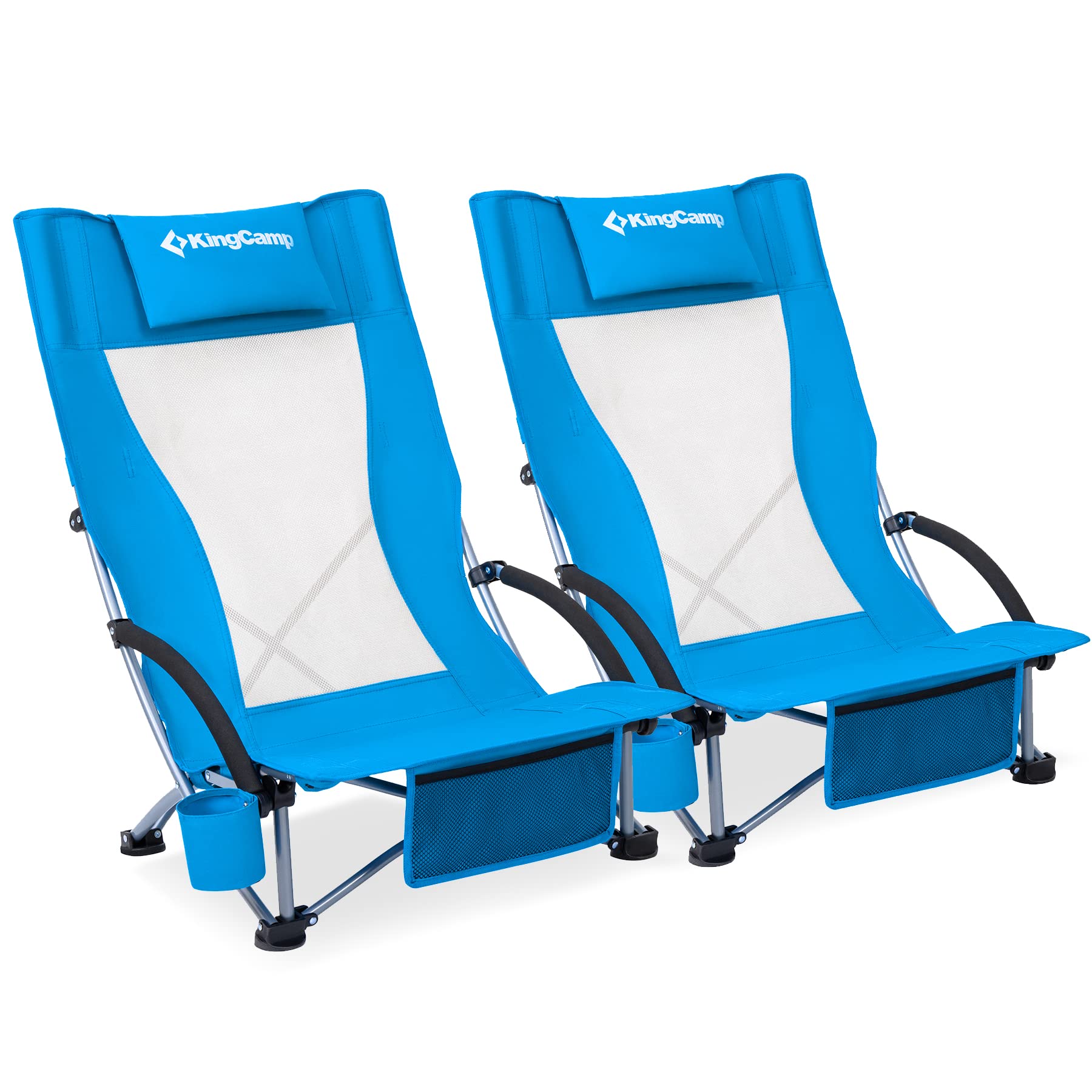 KingCamp Folding Beach Chairs 2 Pack - Lightweight Portable High Back Camping Chairs with Headrest & Cup Holder - Perfect for Outdoor, Beach, Concerts, Festivals, Sports Events (Blue)