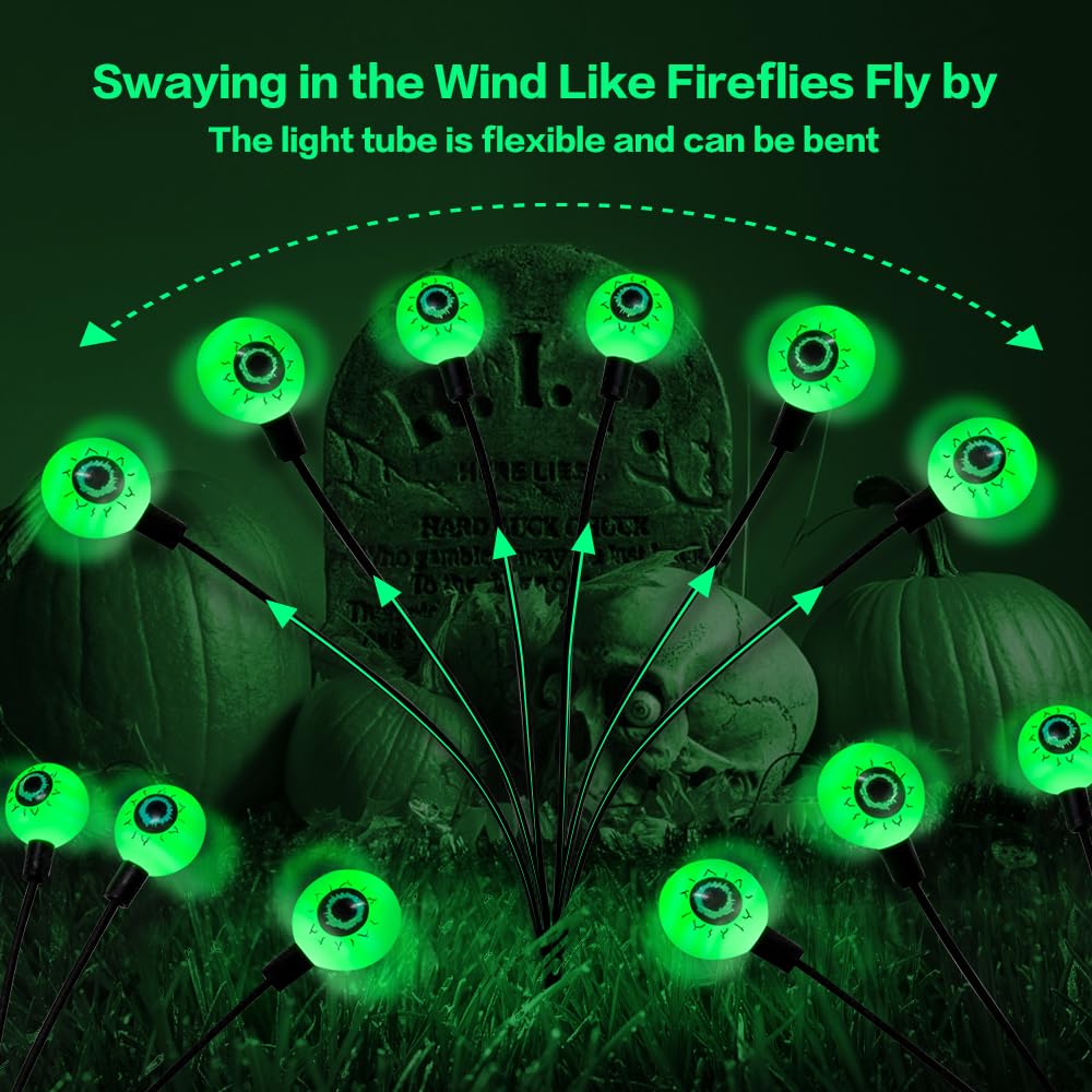 Outdoor Solar Halloween Decorations - 2 Pack 12 LED Green Scary Eyeball Lights, Waterproof Swaying Firefly Path Lights for Yard, Garden, Lawn & Party - Perfect for Spooky Halloween Night Decorations & Haunted House Themes
