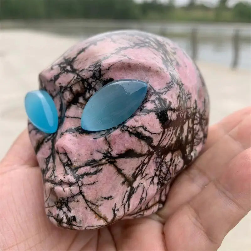 Natural Polished Rhodonite Crystal Alien Skull Carving - Healing Stone for Reiki, Feng Shui Decor, Unique Mineral Specimen Gift for Collectors & Spiritual Healing - Perfect for Meditation Spaces, Home Decor & Crystal Healing Practices