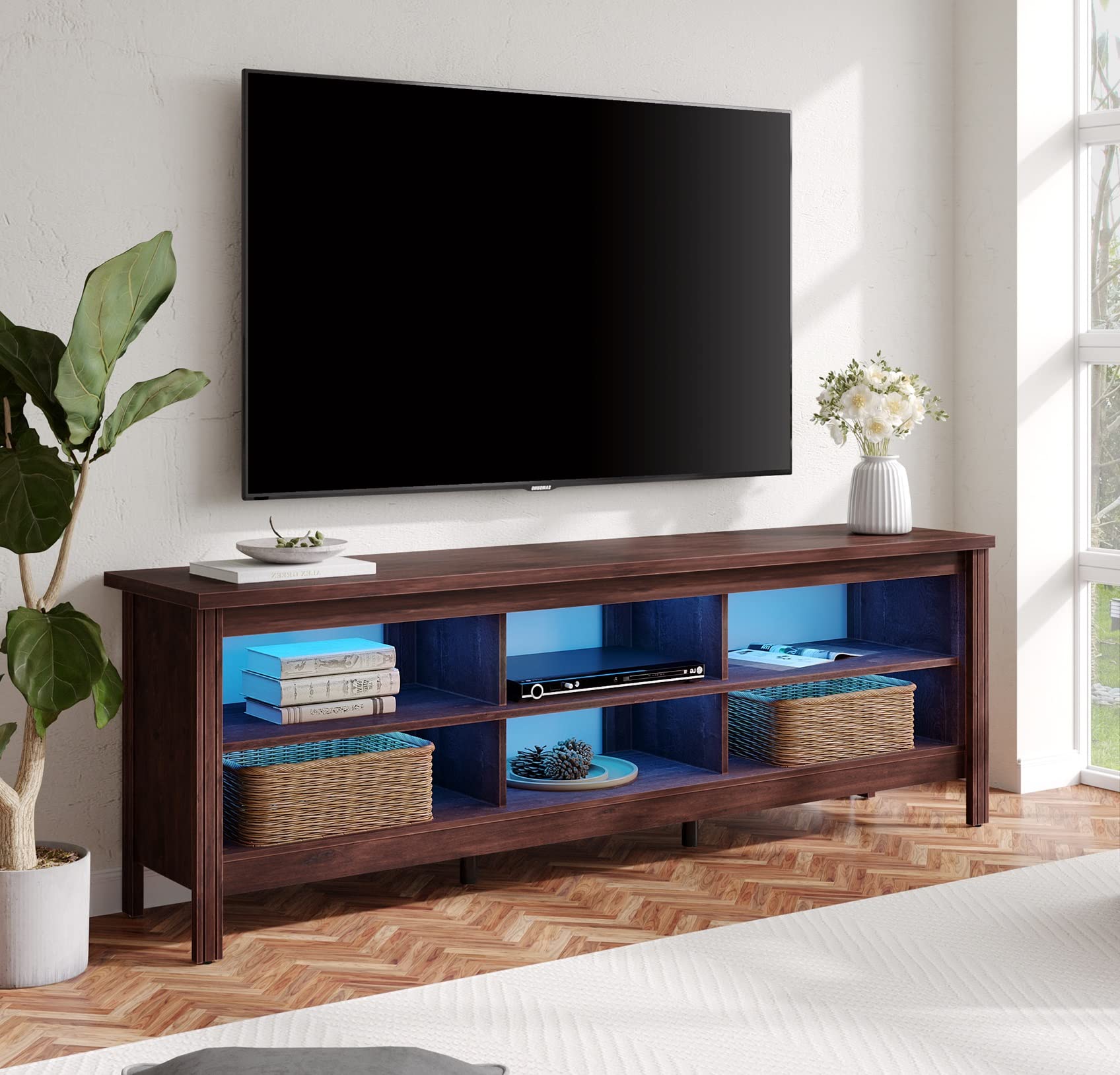 WAMPAT 75 Inch Gaming TV Stand with LED Lights - Rustic Brown Entertainment Center with 6 Storage Cubby & Blue LED Lighting - Perfect for Living Room, Bedroom & Office - Ideal for Gaming Setups & Home Theater Systems
