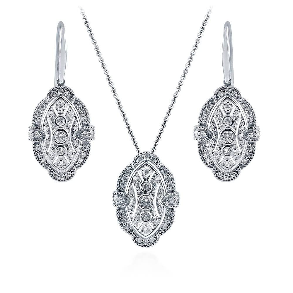Vintage Art Deco Sterling Silver Cubic Zirconia CZ Necklace & Earrings Set for Women - Rhodium Plated Milgrain Jewelry - Perfect for Weddings, Parties & Evening Events