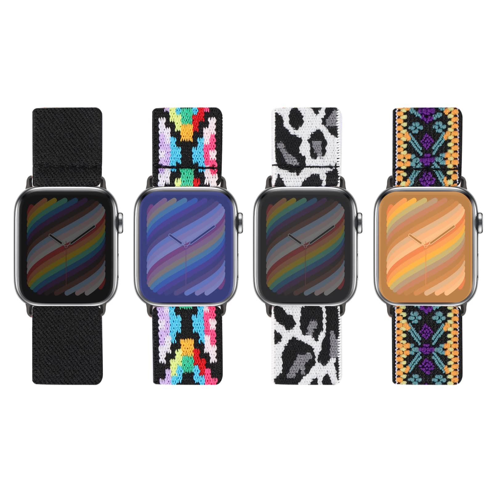 Stretchy Braided Nylon Apple Watch Bands for Women - 4 Pack Compatible with iWatch Series 7/6/5/4/3/2/1/SE 38mm 40mm 41mm - Soft Elastic Sport Loop for Workout, Running & Everyday Wear
