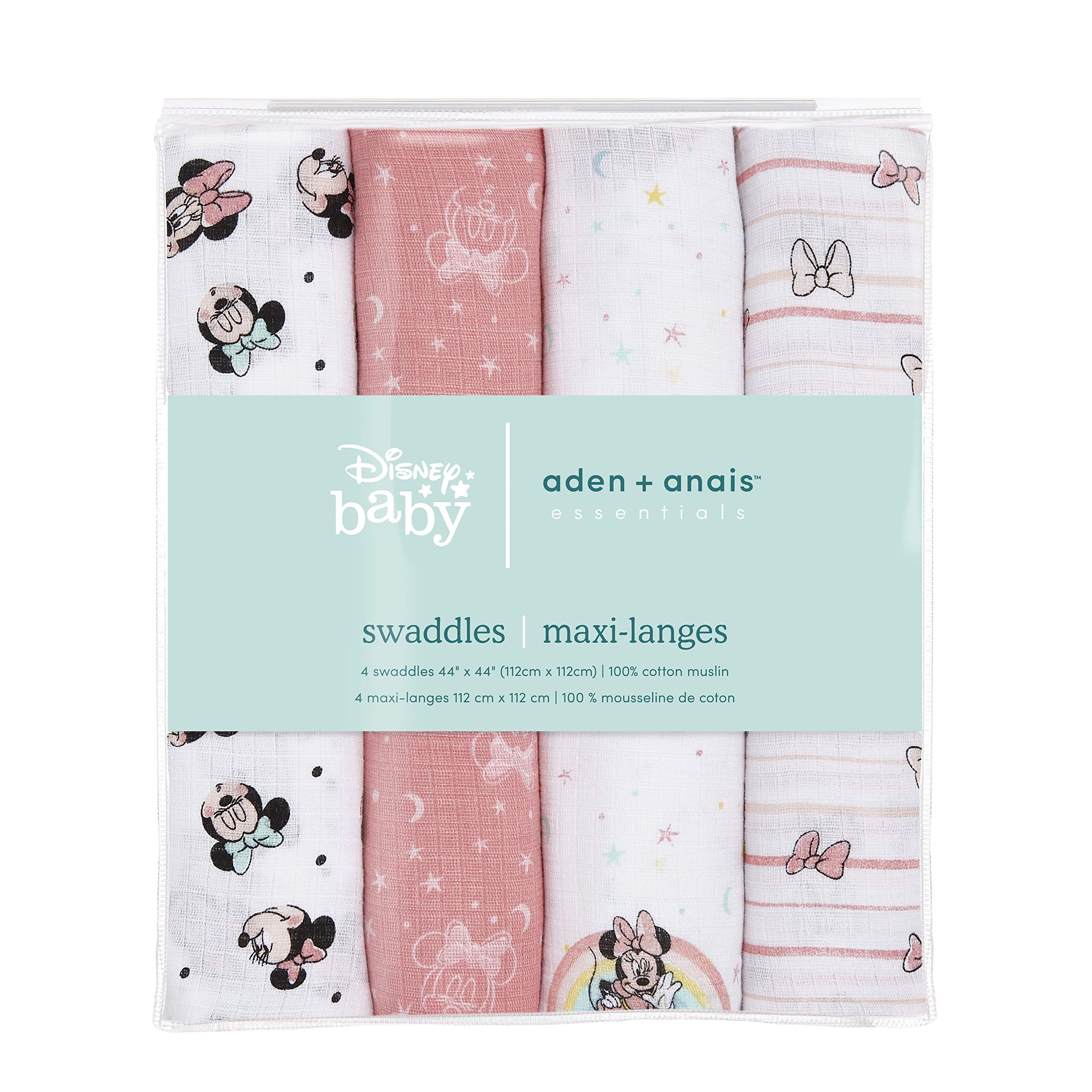 Aden + Anais Muslin Swaddle Blankets for Baby Boys & Girls - 4 Pack Soft Breathable Receiving Blankets, Newborn Swaddling Wraps, Perfect Baby Shower Gift Set with Minnie Mouse Rainbow Design - Ideal for Nursery, Travel & Photo Shoots