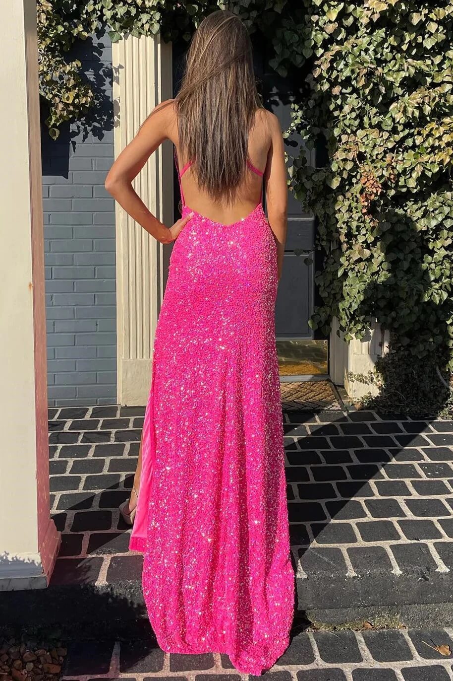 2025 Hot Pink Sequins Evening Dresses for Women - Mermaid V-Neck Long Prom Gowns with High Slit | UK Size | Perfect for Formal Events, Parties & Special Occasions
