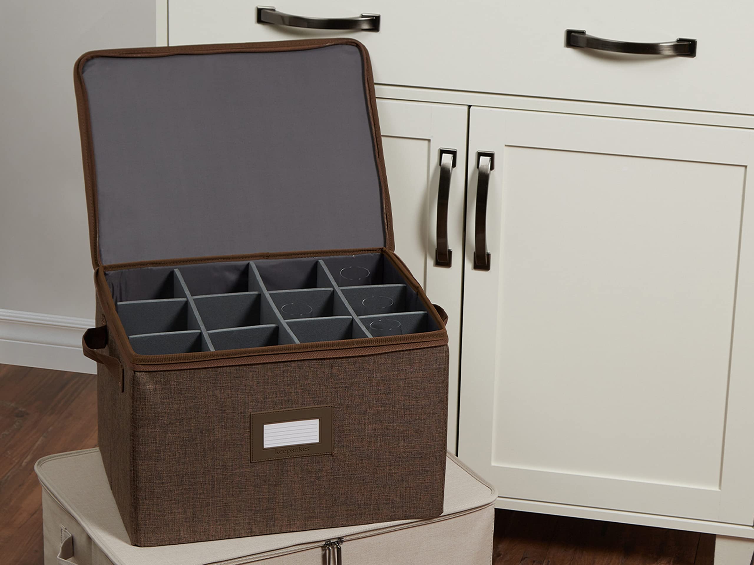Covermates Keepsakes Dish Storage Box – Stackable Organizer with Reinforced Handles for China & Fine Dining Sets, Brown Heather | Perfect for Kitchen Organization, Holiday China Storage & Buffet Serving