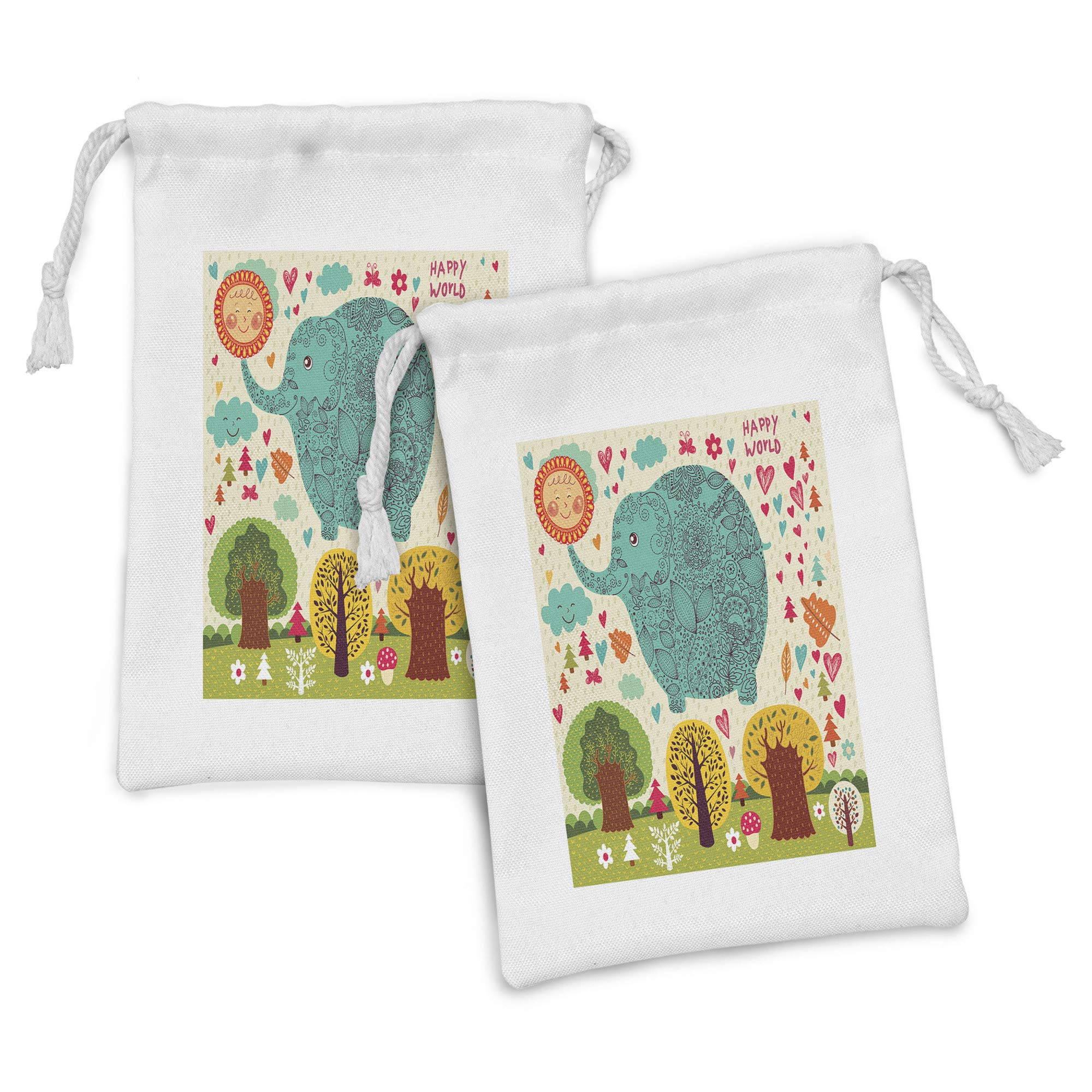 Ambesonne 2-Pack Animal Print Fabric Pouches - Happy World Trees Leaves Hearts Love Art Design, Small Drawstring Bags for Toiletries, Masks, Jewelry & Party Favors (9