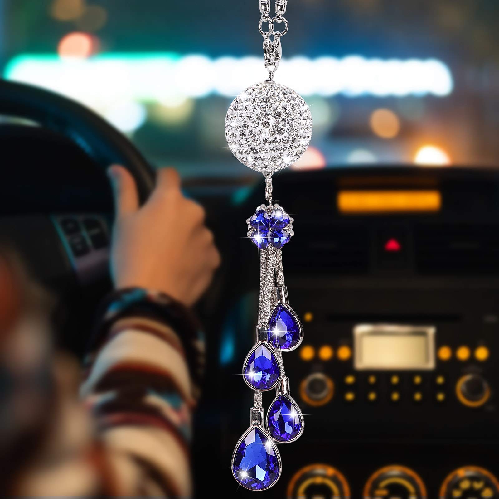 Elegant Car Rearview Mirror Crystal Pendant - Dark Blue Bling Accessories for Women | Stylish Car Interior Decor | Perfect for Commuting, Road Trips & Gift Giving