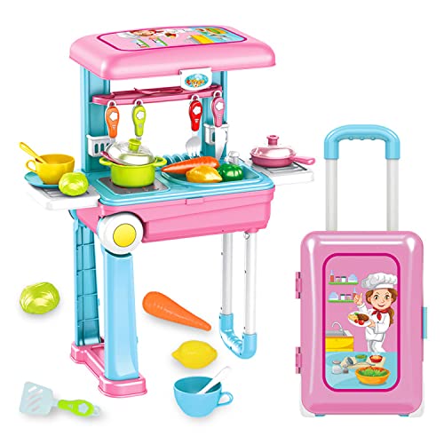 JOYSAE 2-in-1 Kids Suitcase Playset - Beauty Vanity & Kitchen Pretend Play Toy with Lights, Sounds & Accessories | Perfect Birthday Gift for Toddlers & Girls | Travel, Home & Preschool Playtime Fun
