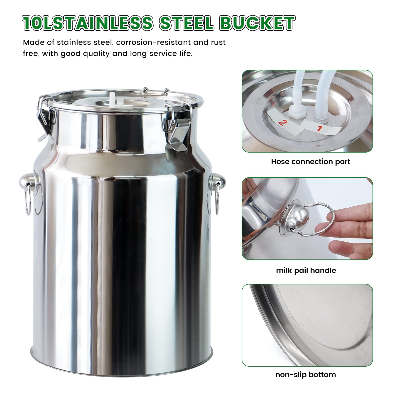 10L Electric Cow Milking Machine - Automatic Portable Vacuum Pump Milker with Stainless Steel Bucket, Pulsation System & Cleaning Brush - Ideal for Dairy Farms, Small Homesteads & Livestock Management