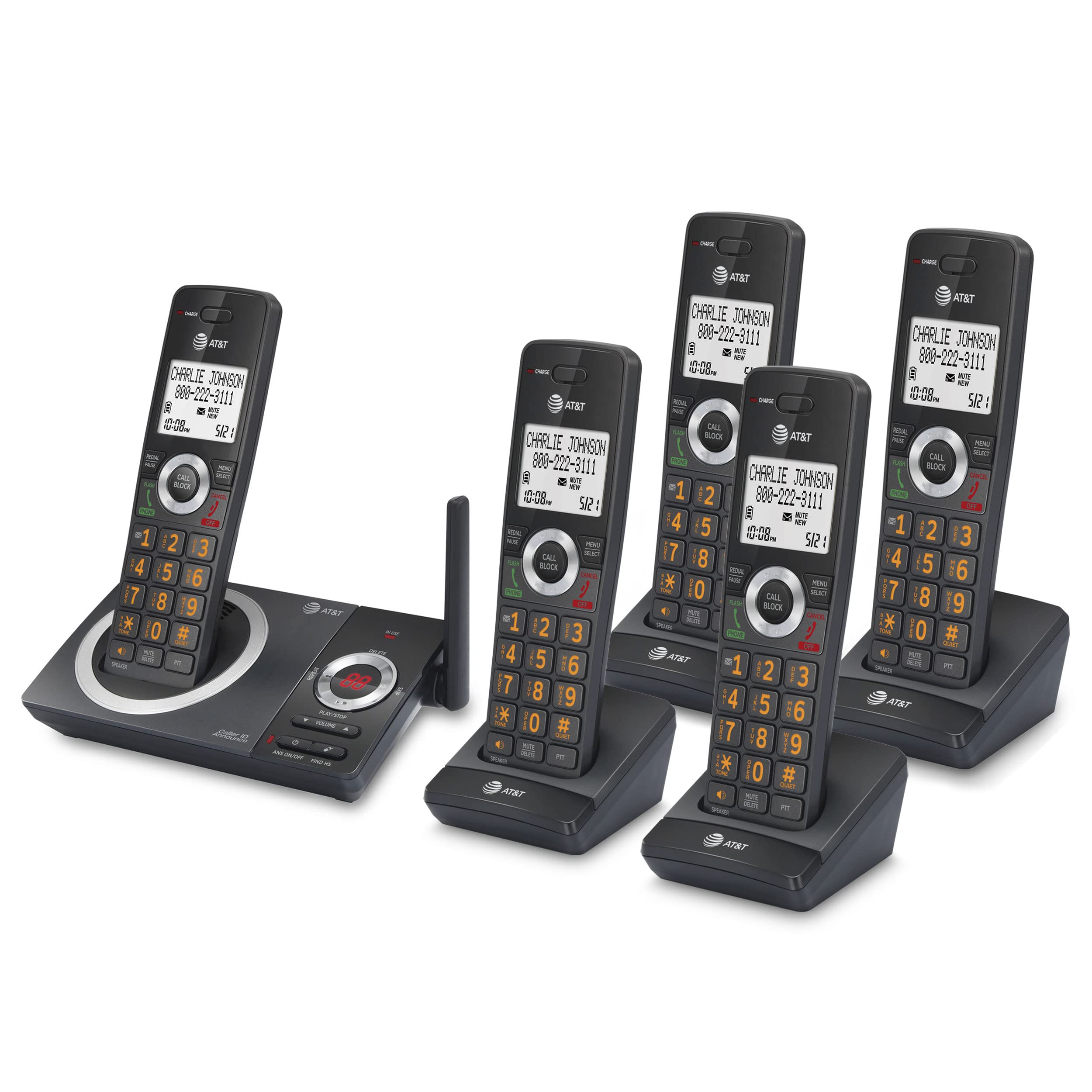 AT&T CL82519 DECT 6.0 5-Handset Cordless Phone System with Answering Machine, Call Blocking, Caller ID & Intercom - Long Range Coverage for Home & Office - Black | Ideal for Large Homes, Businesses & Home Offices with Multiple Rooms