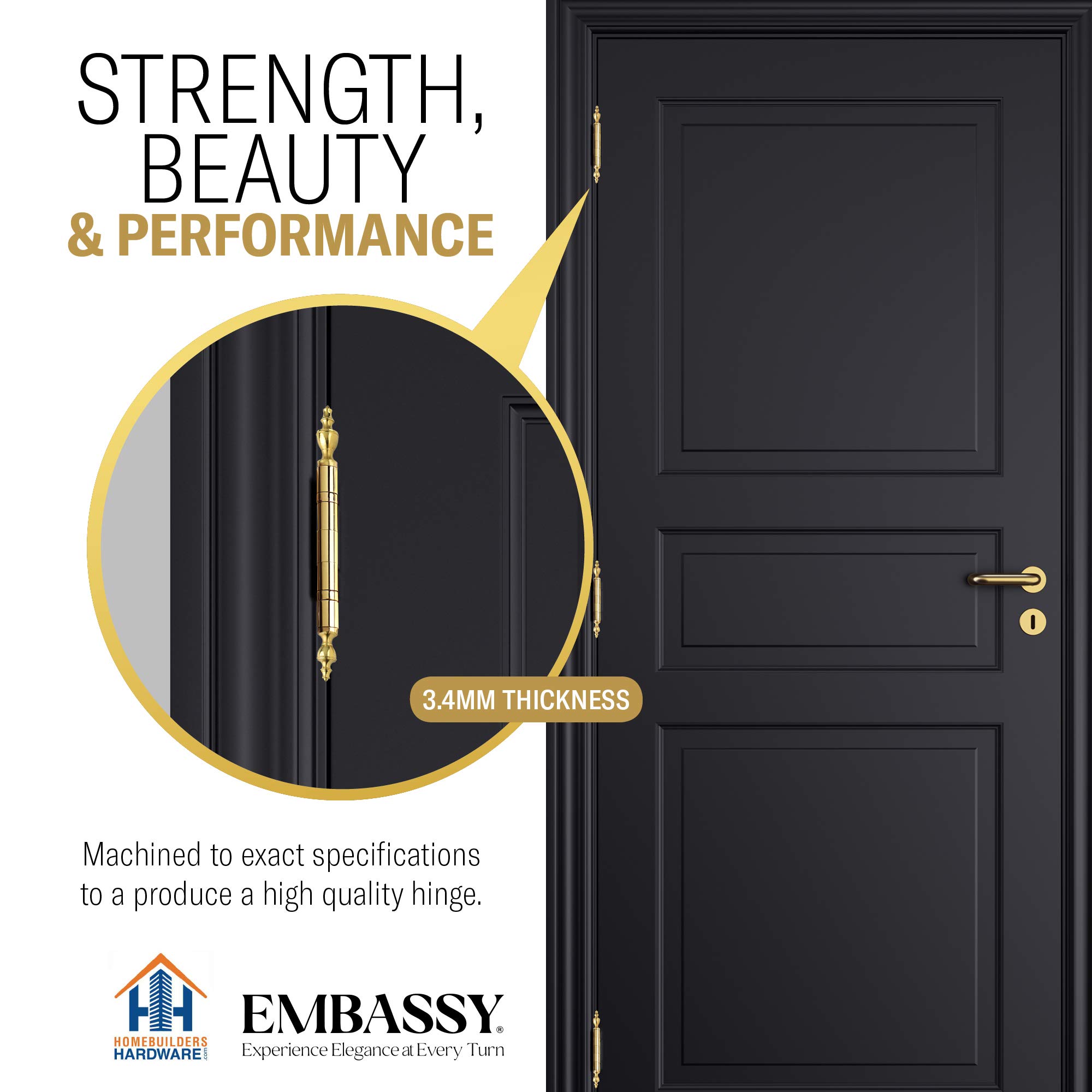 Solid Brass Door Hinge 3x3 Inch - Heavy Duty Rustproof for Home & Office