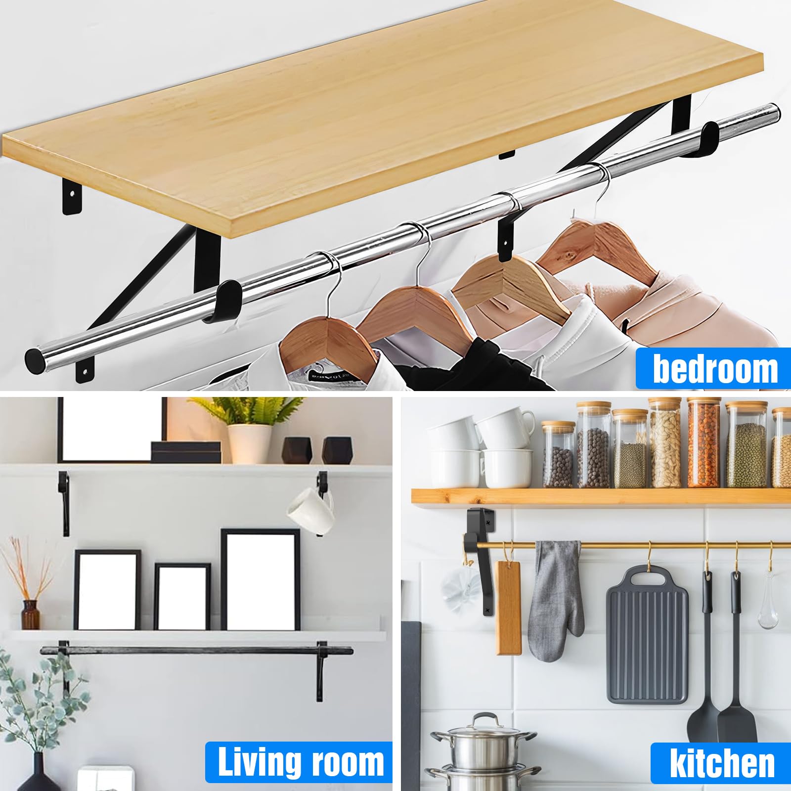 Heavy Duty Adjustable Shelf Brackets 10 Inch Black 4 Pack - Closet Rod Holders for Sturdy Storage Solutions in Closet, Laundry Room, Garage & Home Organization