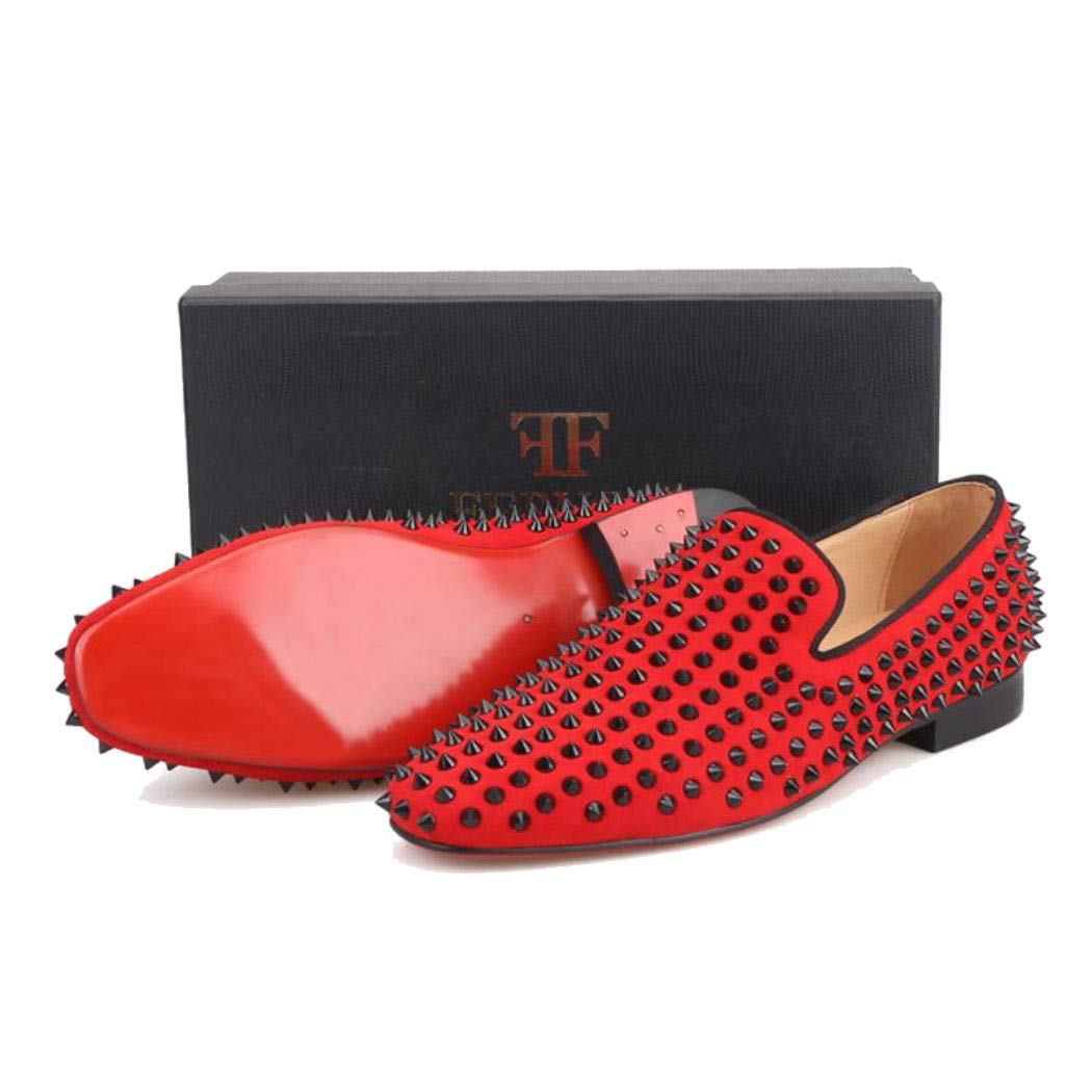 FERUCCI Men's Red Velvet Loafers with Black Spikes & Rivets - Comfortable Slip-On Slippers for Indoor/Outdoor Wear, Lounge, and Casual Occasions