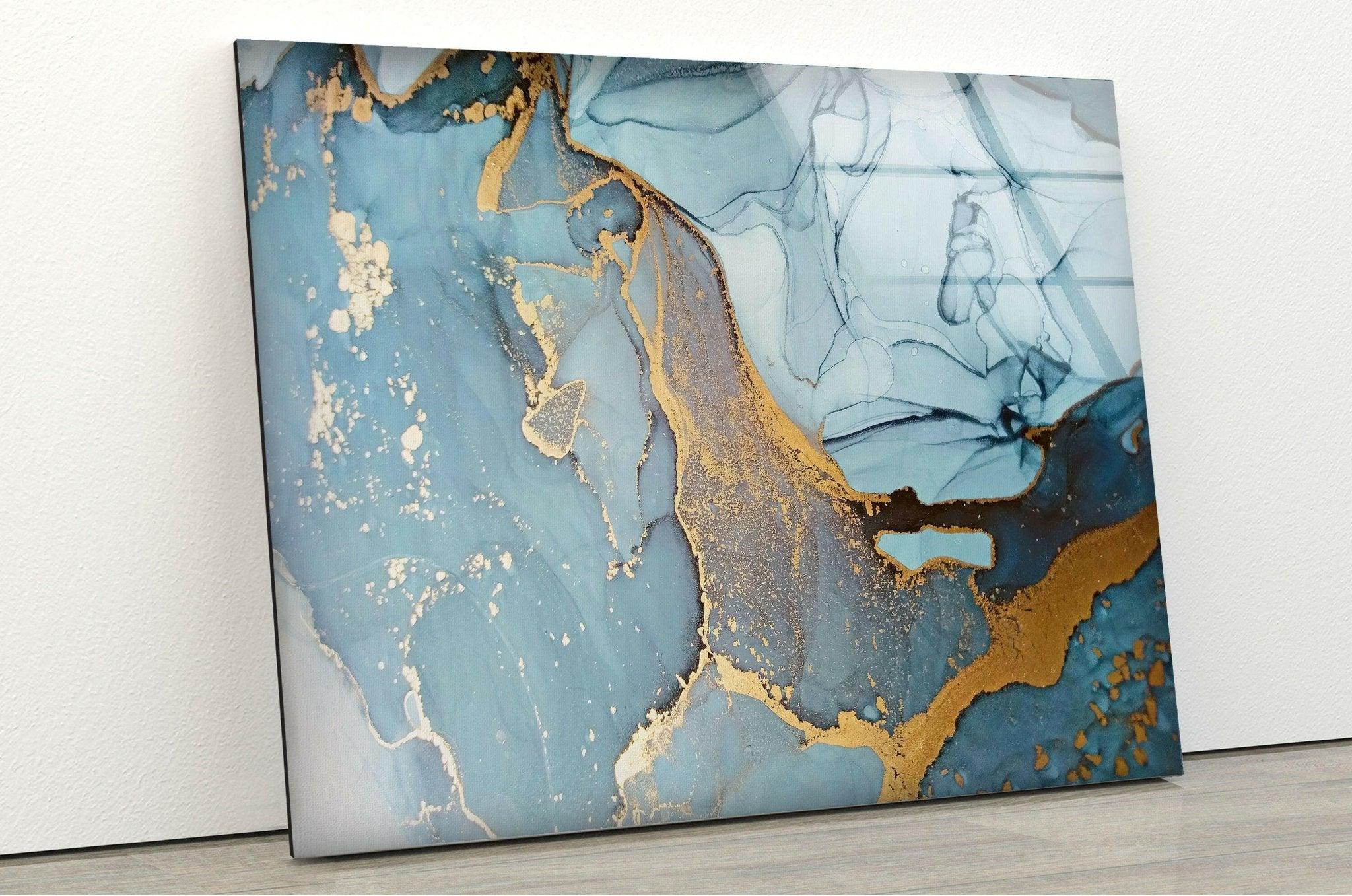 Handmade Aquamarine Alcohol Ink Stained Glass Wall Art - Blue Ocean Themed Abstract Painting for Home & Office Decor