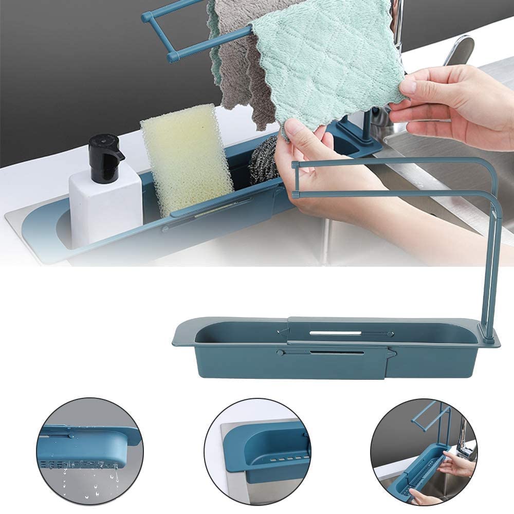 Expandable Plastic Sink Shelf - Telescopic Kitchen Drying Rack with Sponge Holder & Soap Drainer | Space-Saving Sink Organizer for Dishes, Utensils, Brushes | Perfect for Small Kitchens, Apartments, RVs