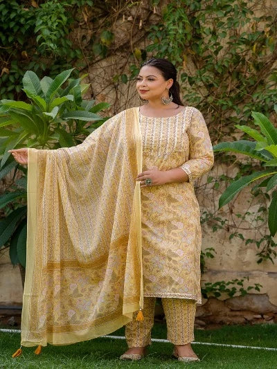 Plus Size Light Yellow Cotton Printed Ready-Made Salwar Suit for Women | Comfortable Ethnic Wear for Festivals, Weddings & Special Occasions