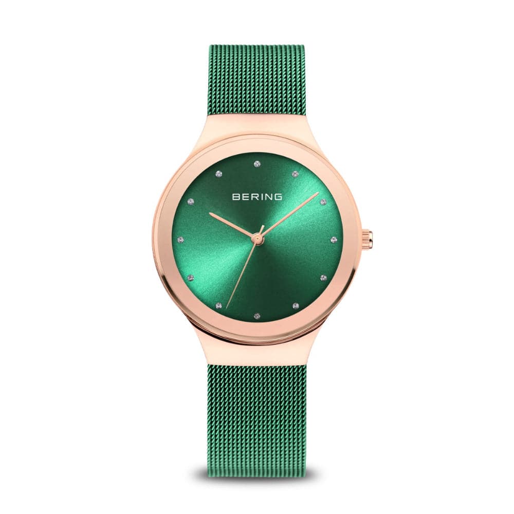 Bering Classic Women's Watch with Green Dial & Milanese Strap - Elegant Quartz Timepiece for Everyday Wear, Perfect for Office, Date Night and Special Occasions