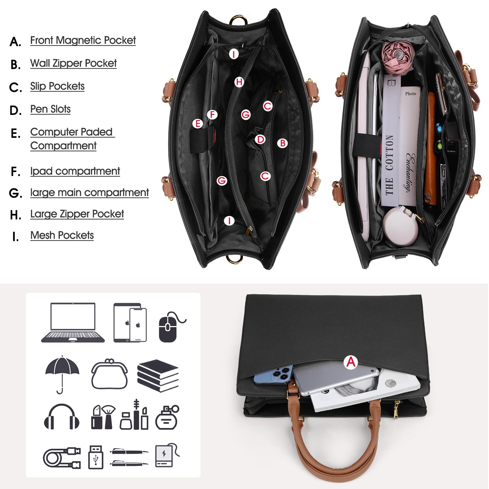 RAINSMORE 15.6 Inch PU Leather Laptop Tote Bag for Women - Professional Waterproof Business Office Briefcase, Lightweight Work Bag with Shoulder Strap for Commuting and Travel