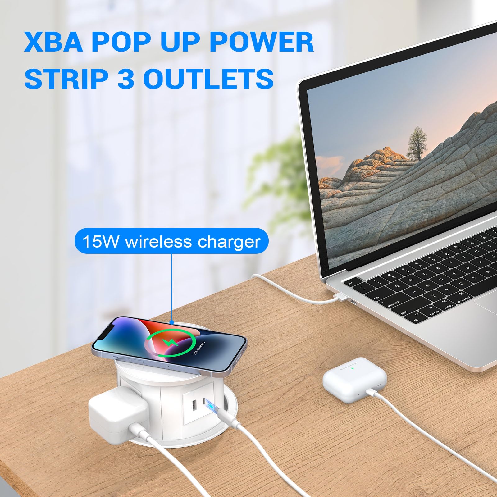 XBA Pop Up Outlet with 15W Fast Wireless Charger | 4 AC Outlets + 1 USB-A & 1 USB-C Port | Hidden Recessed Power Strip for Kitchen Countertop & Home Office Desk | 4.7