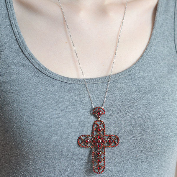 Victorian Large Brass & Bohemian Garnet Filigree Cross Pendant Necklace - Antique Jewelry for Women, Gothic Cross Pendant for Church, Wedding & Special Occasions