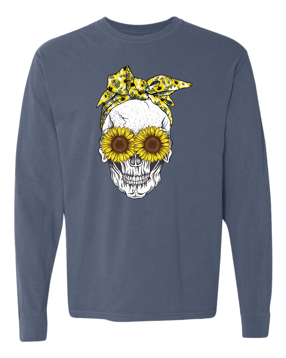 Wild Bobby Skull Sunflower Skeleton Bandana Streetwear Long Sleeve T-Shirt - Garment-Dyed Washed Vintage Look for Men & Women | Perfect for Halloween, Concerts, and Urban Fashion Outfits