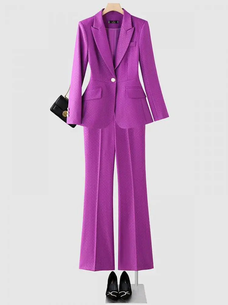 Women's Autumn Winter Office Blazer & High Waist Wide Leg Pants Set - Elegant Solid Color Two-Piece Suit for Work, Business Casual & Professional Outfits