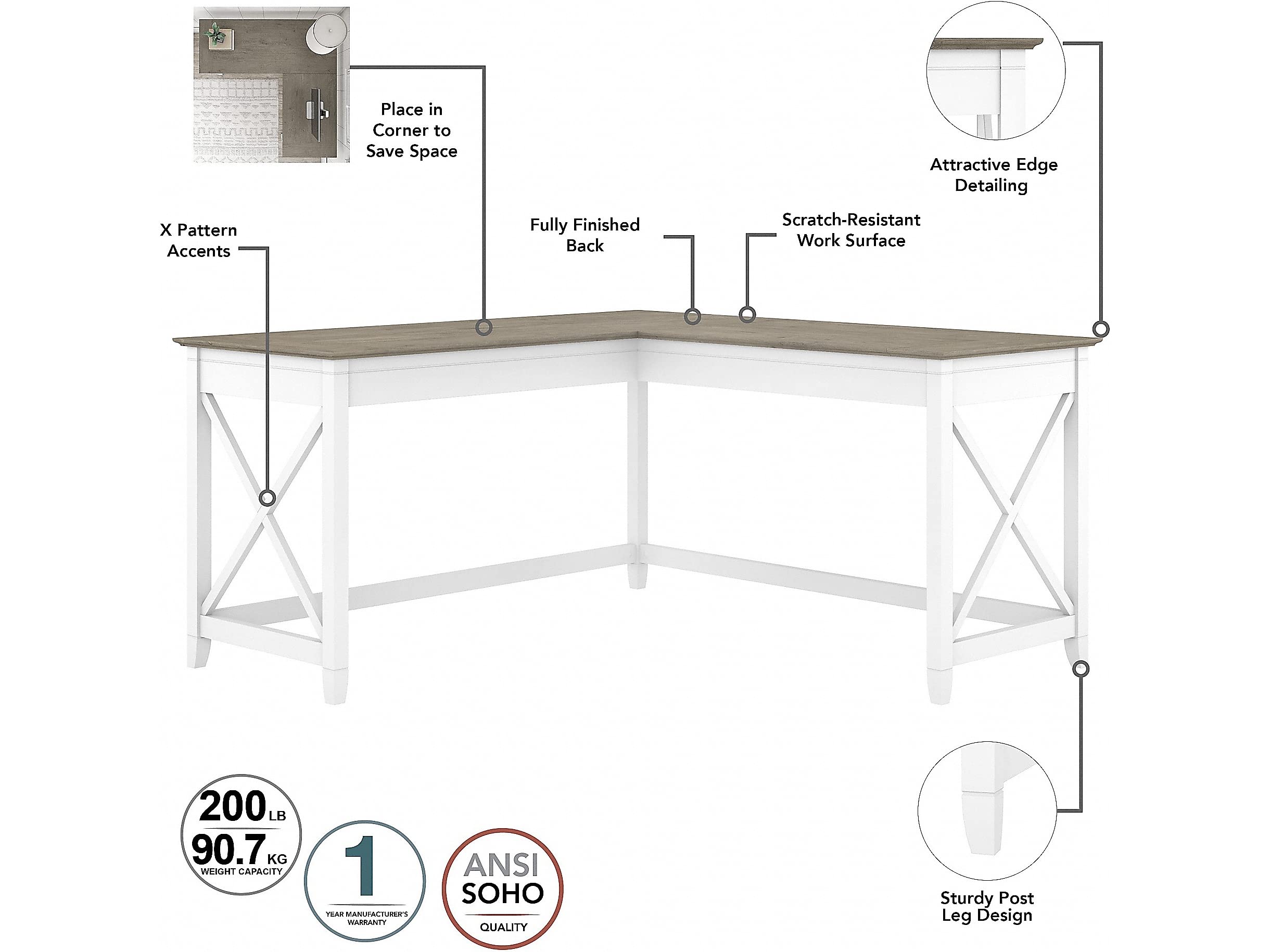 Bush Furniture Key West 60W L-Shaped Desk with 2 Drawers & Mobile File Cabinet - Pure White & Shiplap Gray | Home Office Workstation for Small Spaces & Gaming Setup
