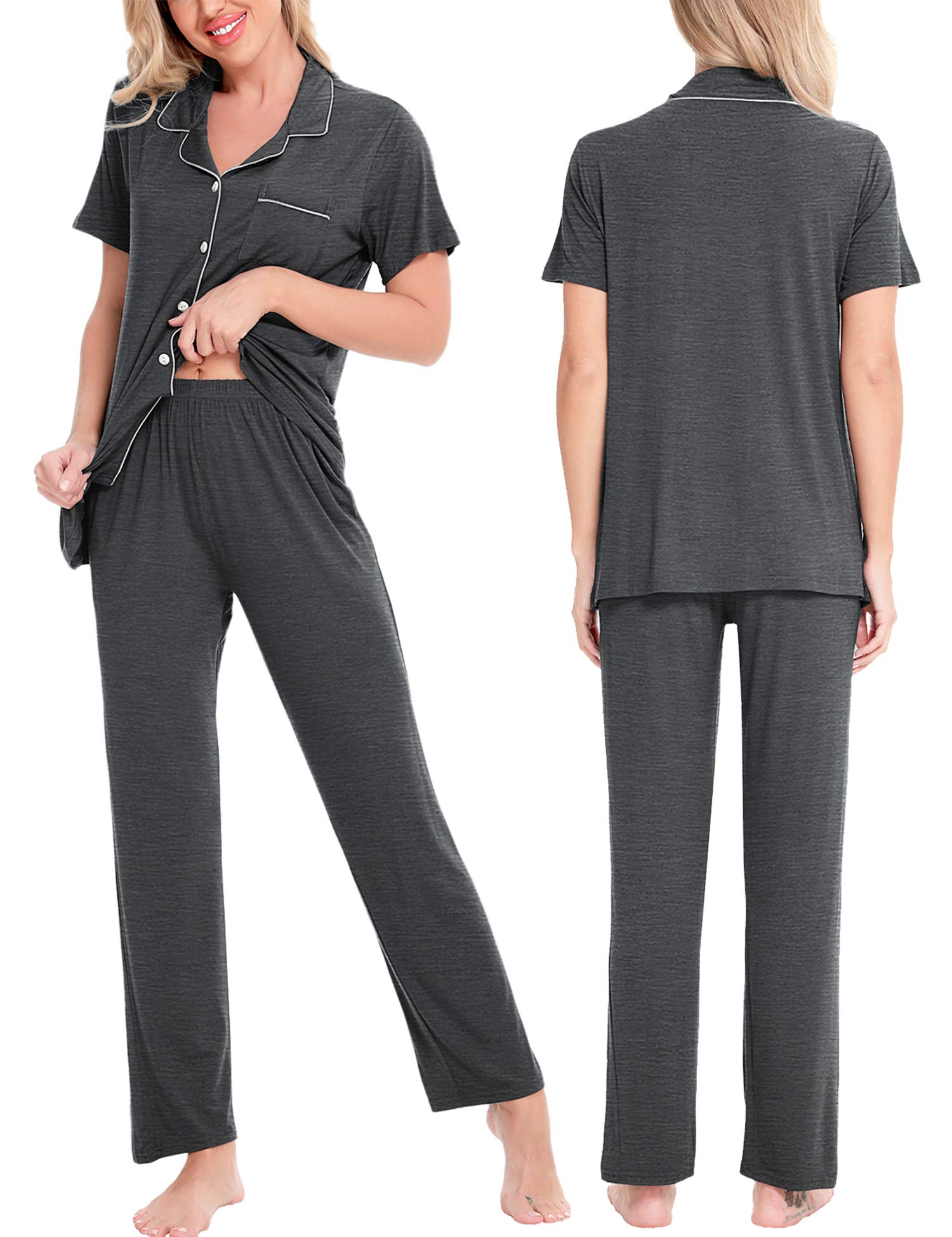 SWOMOG Women's Pajama Sets - Soft 2-Piece Sleepwear with Short Sleeve & Button Down Top + Long Pants for Comfortable Nightwear & Lounge Wear - Perfect for Sleeping, Relaxing at Home, and Cozy Evenings