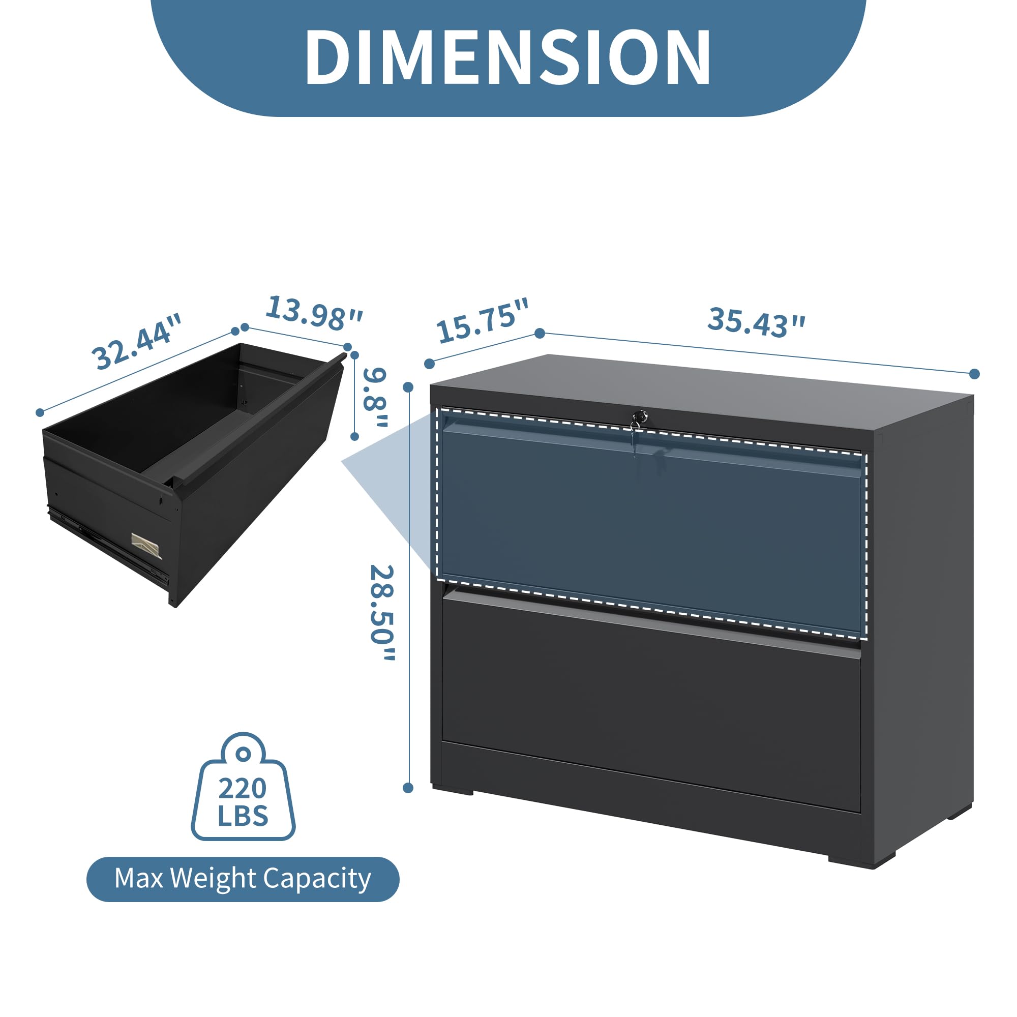 AQY 2-Drawer Locking Metal File Cabinet - Steel Lateral Office Storage for Letter/Legal/F4/A4 Hanging Files - Home & Office Organization Solution (Black) - Perfect for Document Storage in Small Spaces & Shared Workspaces