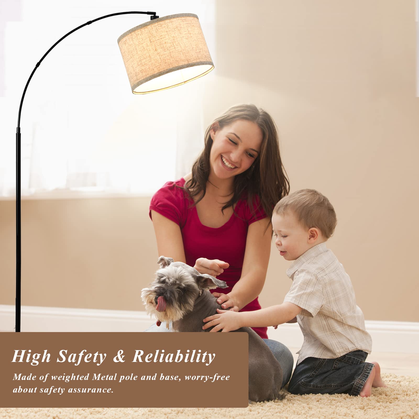 Modern Dimmable Arc Floor Lamp with Adjustable Head - Black Standing Light for Living Room, Bedroom & Office - Includes 8W LED Bulb - Perfect for Reading, Over Couch Lighting & Home Decor