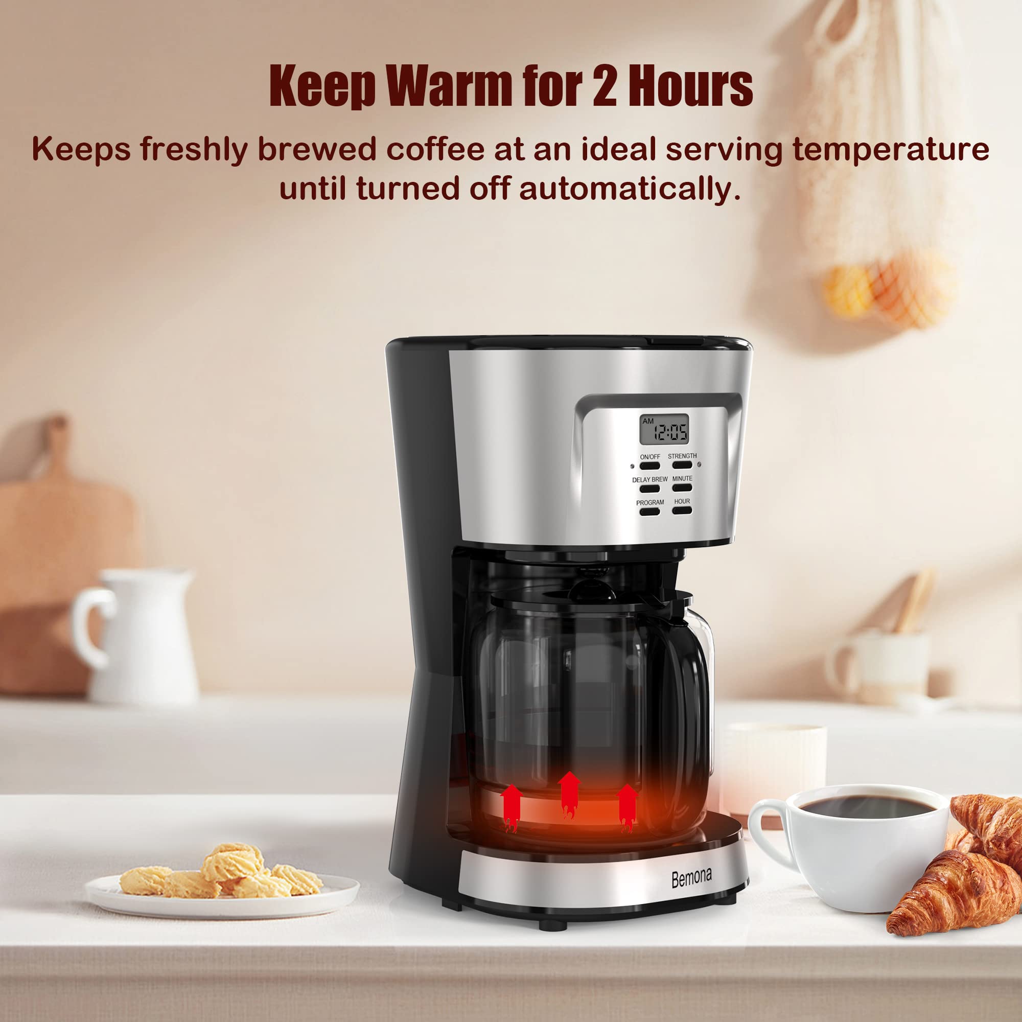 12-Cup Programmable Drip Coffee Maker with Glass Carafe & Permanent Filter - Auto Keep Warm, Water Window - Perfect for Home, Office & Restaurants - Black Coffee Machine