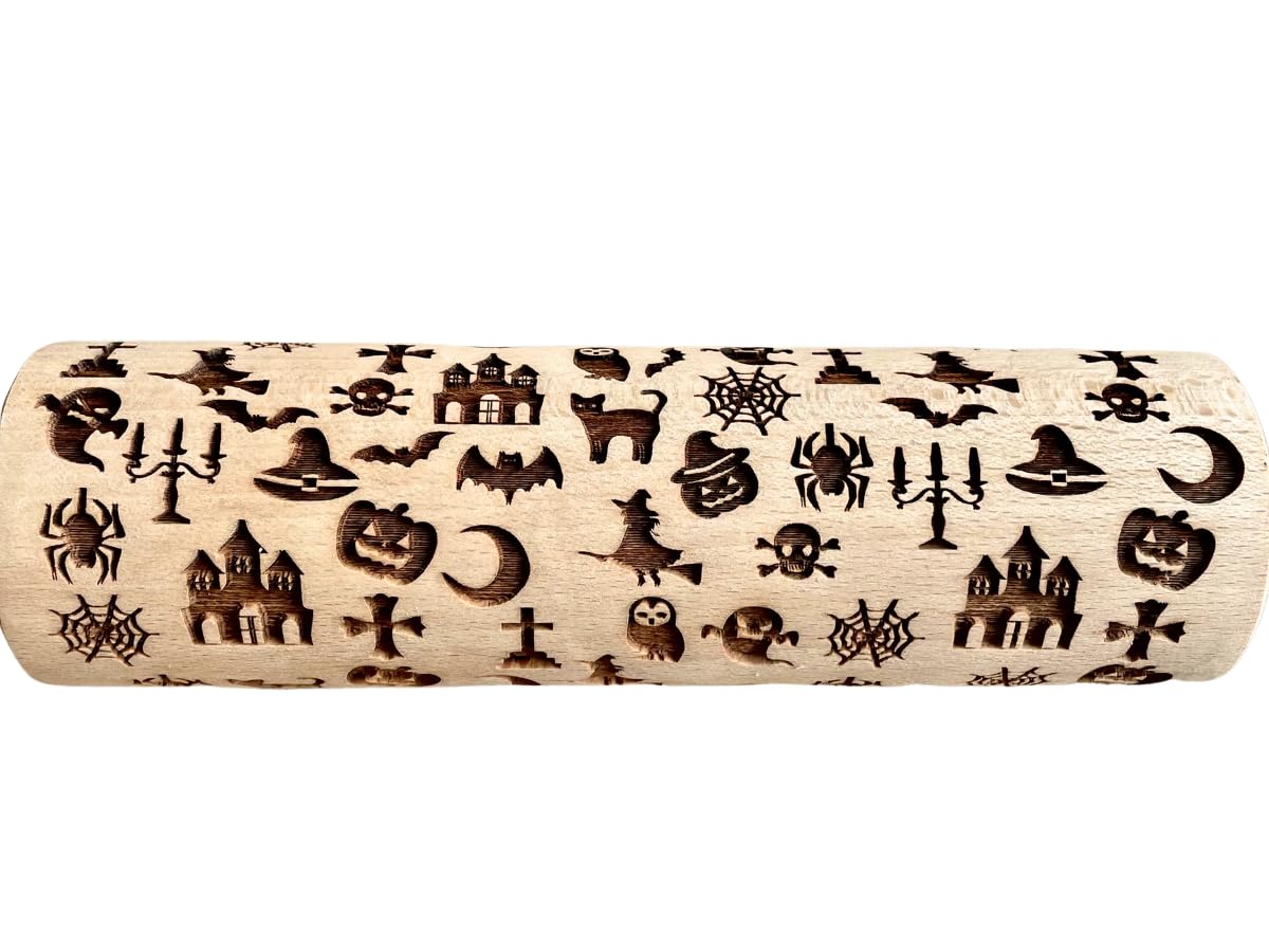 Halloween Embossing Rolling Pin - Laser Engraved Dough Roller with Moon, Owl, Spider, Ghost, Pumpkin & Witch Patterns | Perfect for Making Homemade Halloween Cookies, Pumpkin Pies & Spooky Treats | Ideal for Baking, Cookie Decorating & Halloween Party DIY Crafts