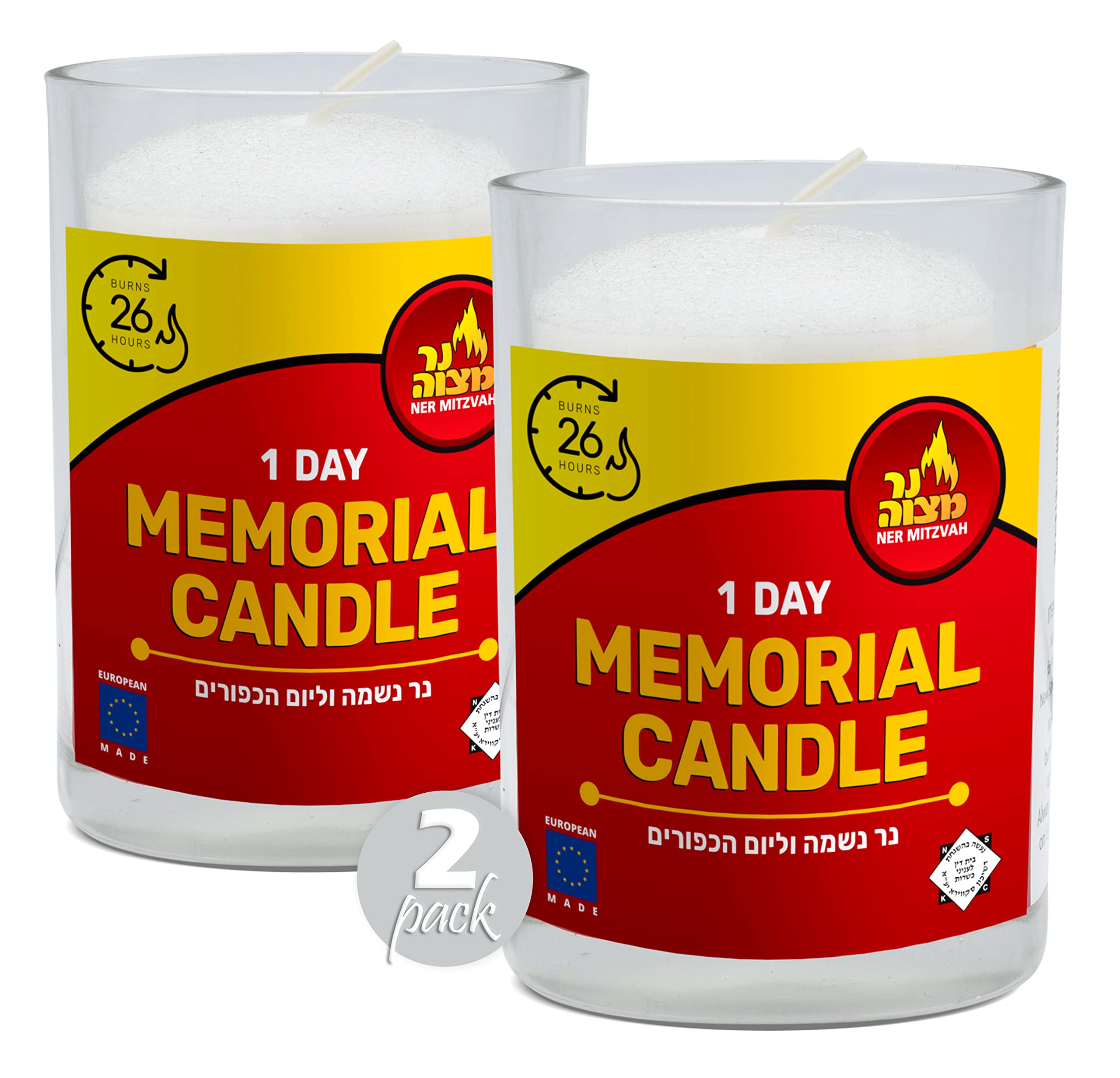 Yahrzeit Memorial Candles 24-Hour - 2 Pack Jewish Memorial Candles for Yom Kippur, Ner Mitzvah in Glass Tumbler - Perfect for Remembrance, Synagogue & Home Rituals
