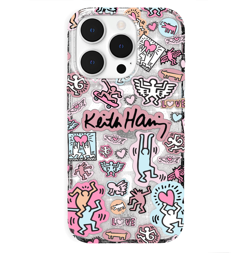 Keith Haring Pastel Glitter iPhone Case - Trendy Protective Cover for iPhone 11/12/13/14/15 Pro Max - Cute Artistic Design for Everyday Use & Gift Giving