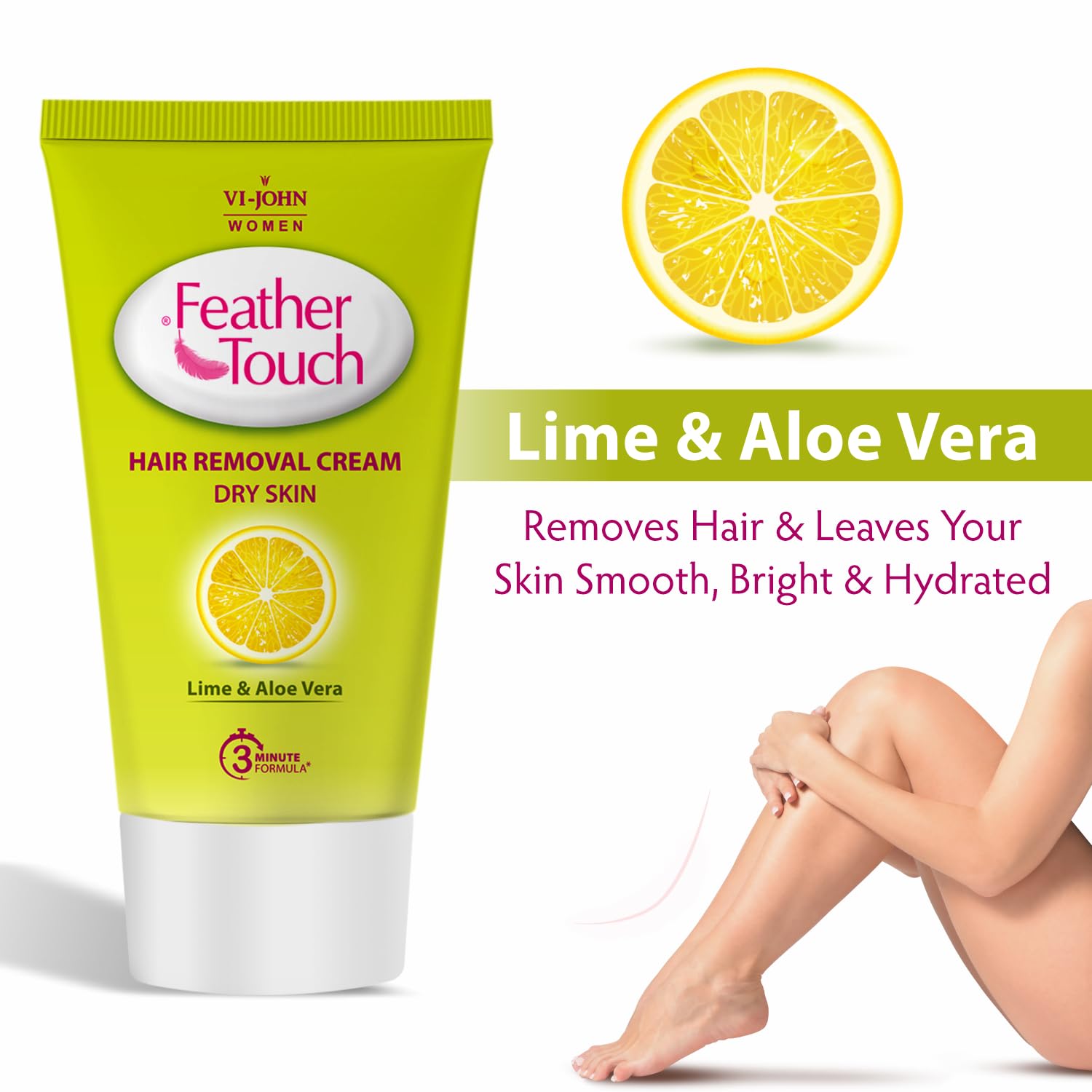 VI-JOHN Feather Touch Lime & Aloe Vera Hair Removal Cream for Dry Skin - Gentle Depilatory for Legs, Underarms, Bikini Line & Arms (40g) | Painless Hair Remover for Smooth Skin at Home