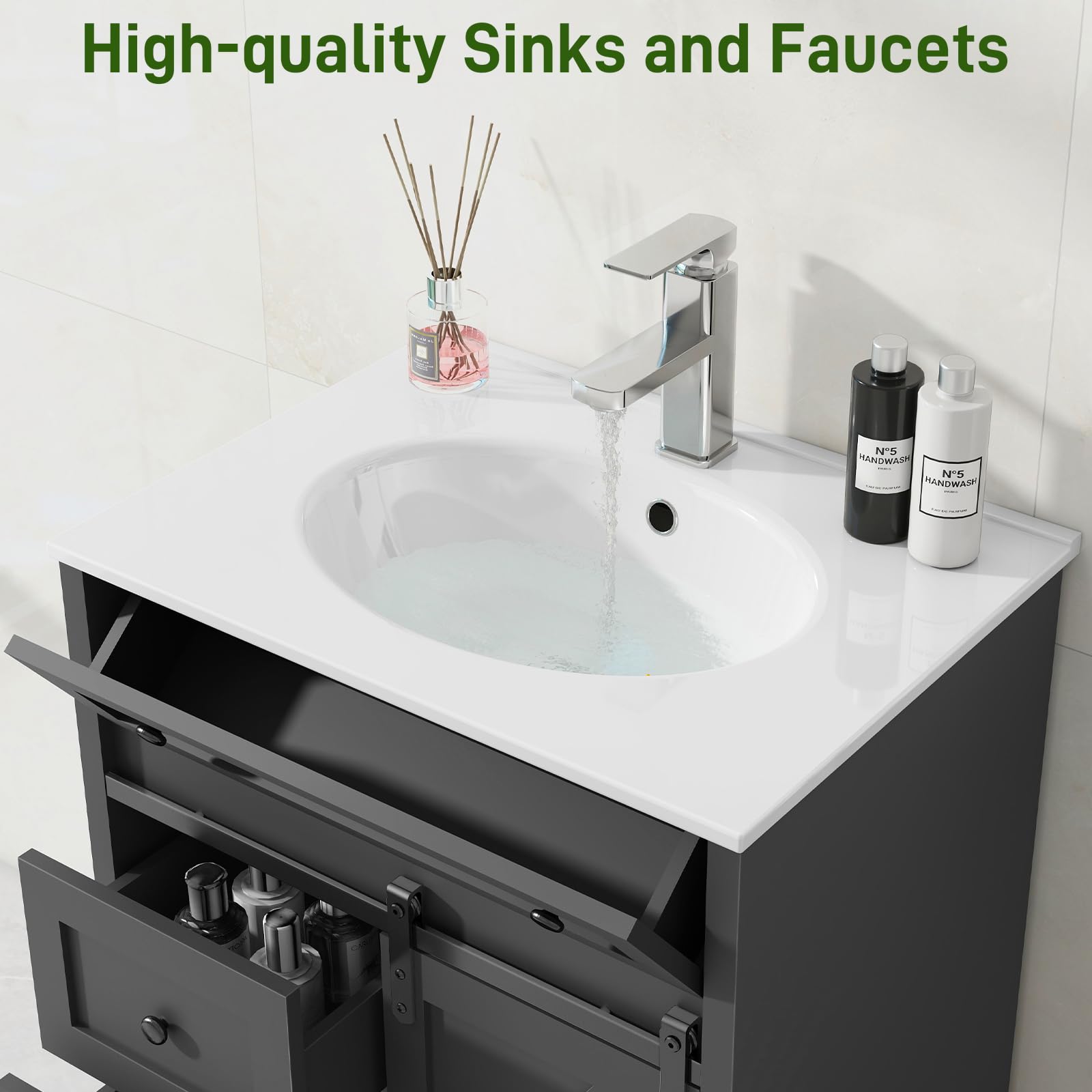 Vabches Freestanding Bathroom Vanity Set with Sink & Matte Silver Faucet - 36 Inch Bath Storage Cabinet with Sliding Doors, Drawers & Countertop - Modern Grey Bath Vanity for Small Spaces, Powder Room or Master Bath Remodel