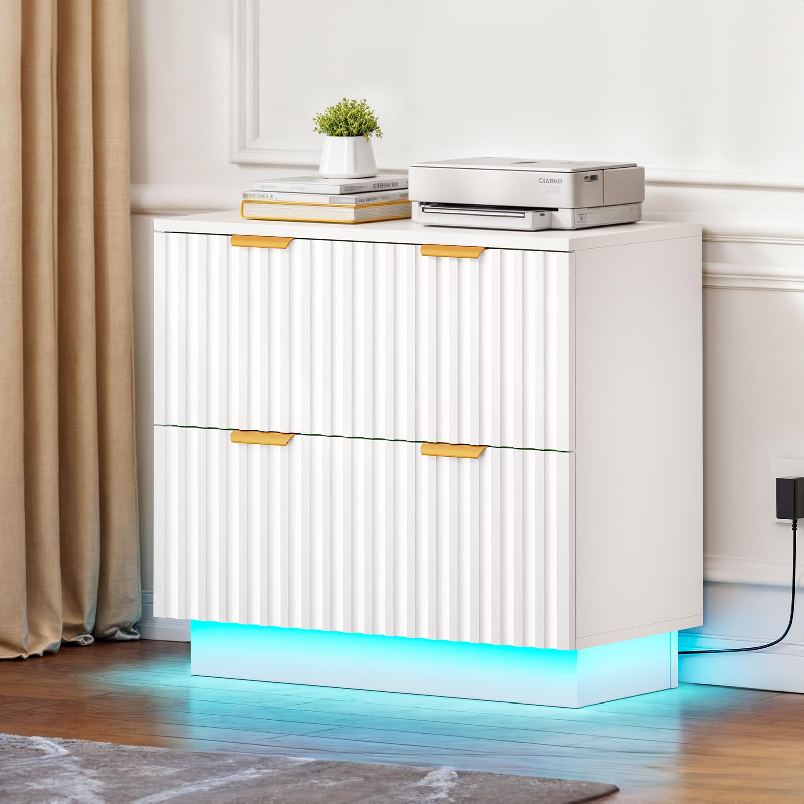 YITAHOME 2-Drawer File Cabinet with LED Light - Modern Lateral Filing Cabinet for Home Office, Large Storage Organizer - Perfect for Document Storage & Office Organization (White)