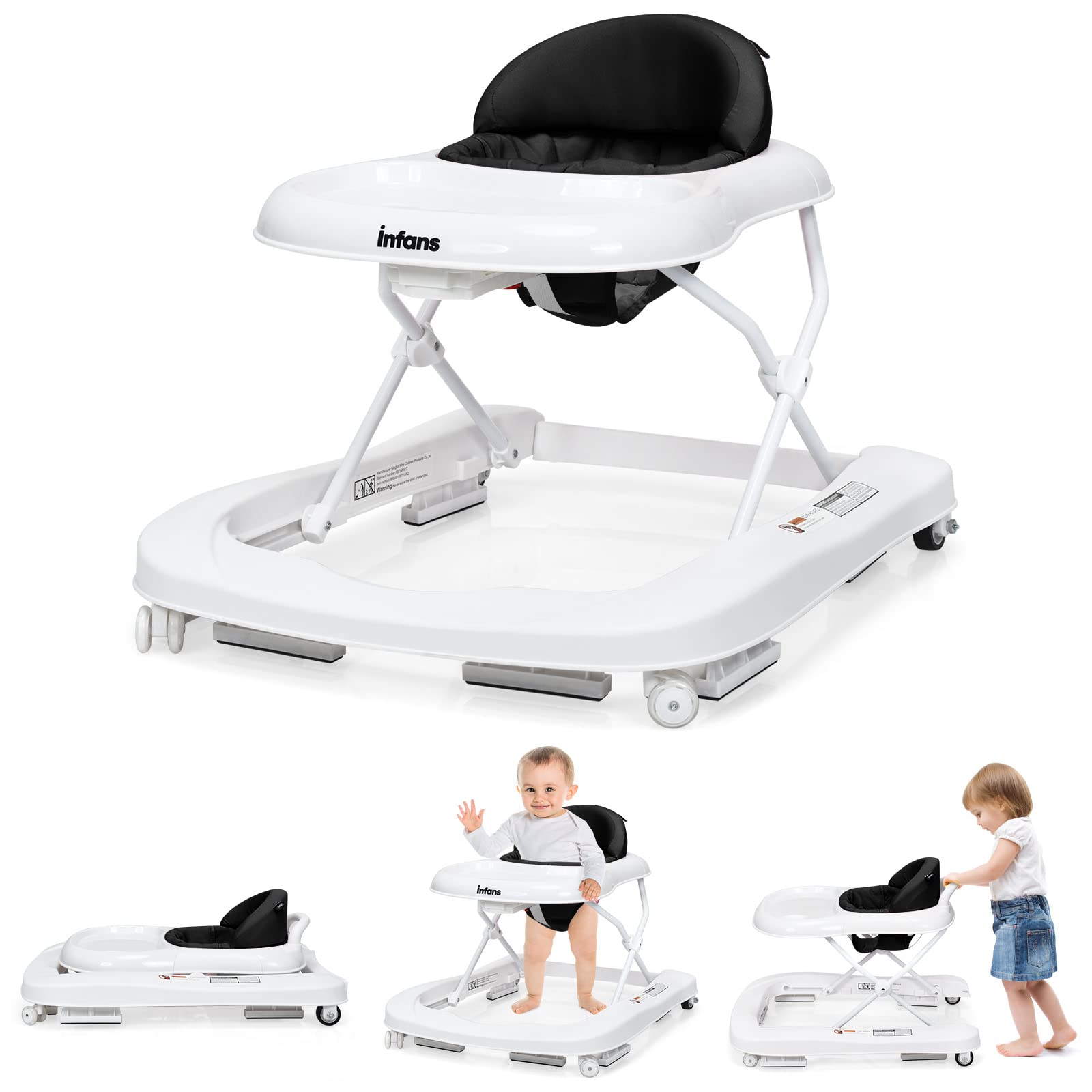 INFANS 3-in-1 Foldable Baby Walker with Adjustable Speed Wheels & Safety Bumper | Convertible Learning Walker, Push Walker & Seat for Toddlers | Anti-Rollover Design & Detachable Seat Cover | Perfect for Indoor Learning & First Steps (Black)