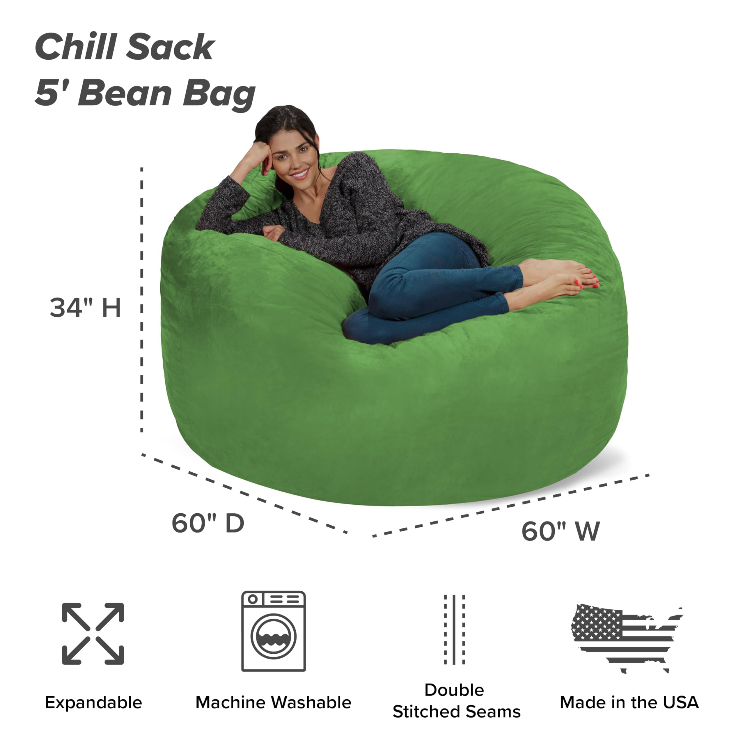 Chill Sack Giant 5ft Memory Foam Bean Bag Chair - Oversized Sofa with Soft Microfiber Cover in Paradise Green - Perfect for Living Rooms, Game Rooms & Dorm Relaxation