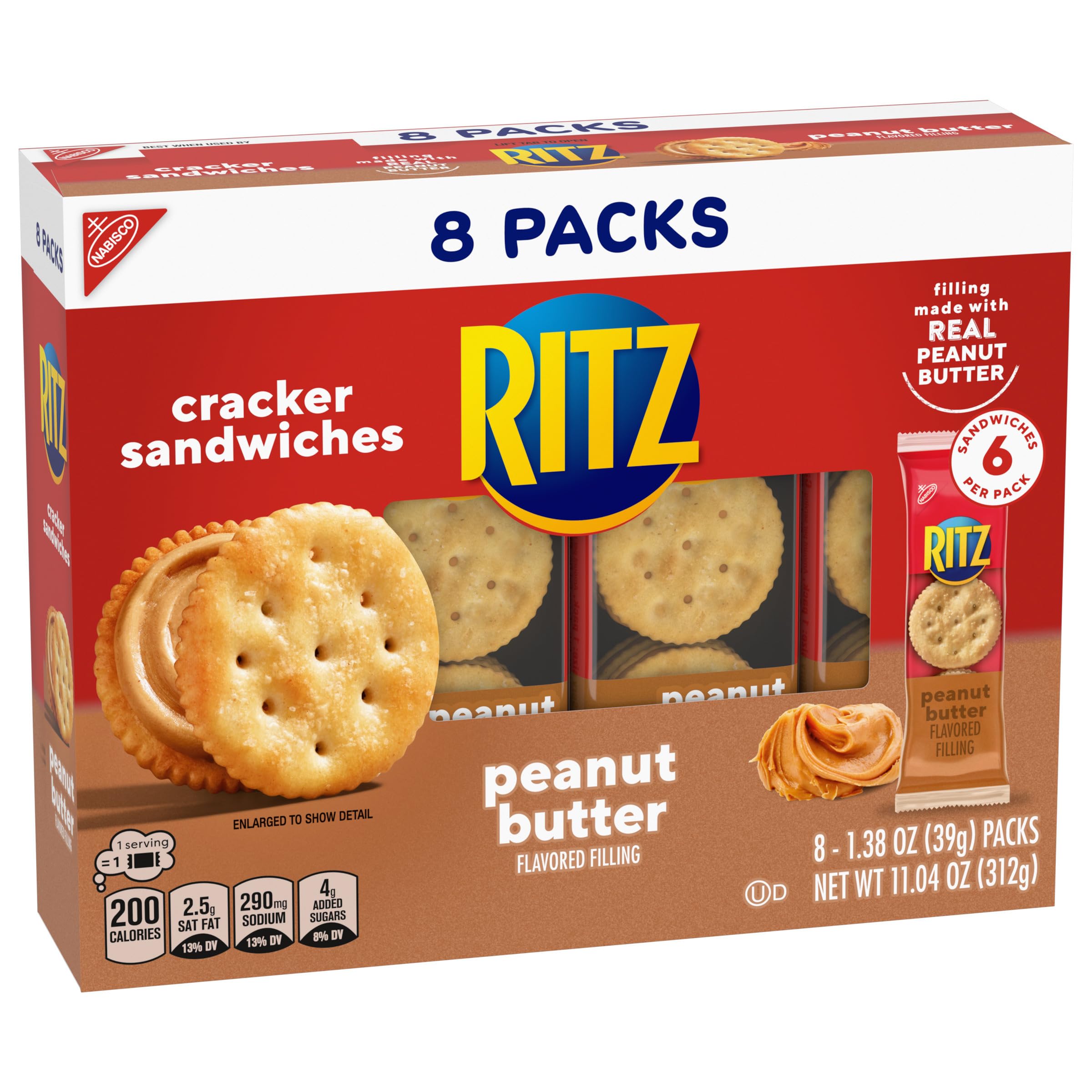RITZ Peanut Butter Sandwich Crackers - 8 Individual Snack Packs (48 Crackers Total) - Perfect for Lunch Boxes, School Snacks, Office Breaks & On-the-Go Healthy Treats