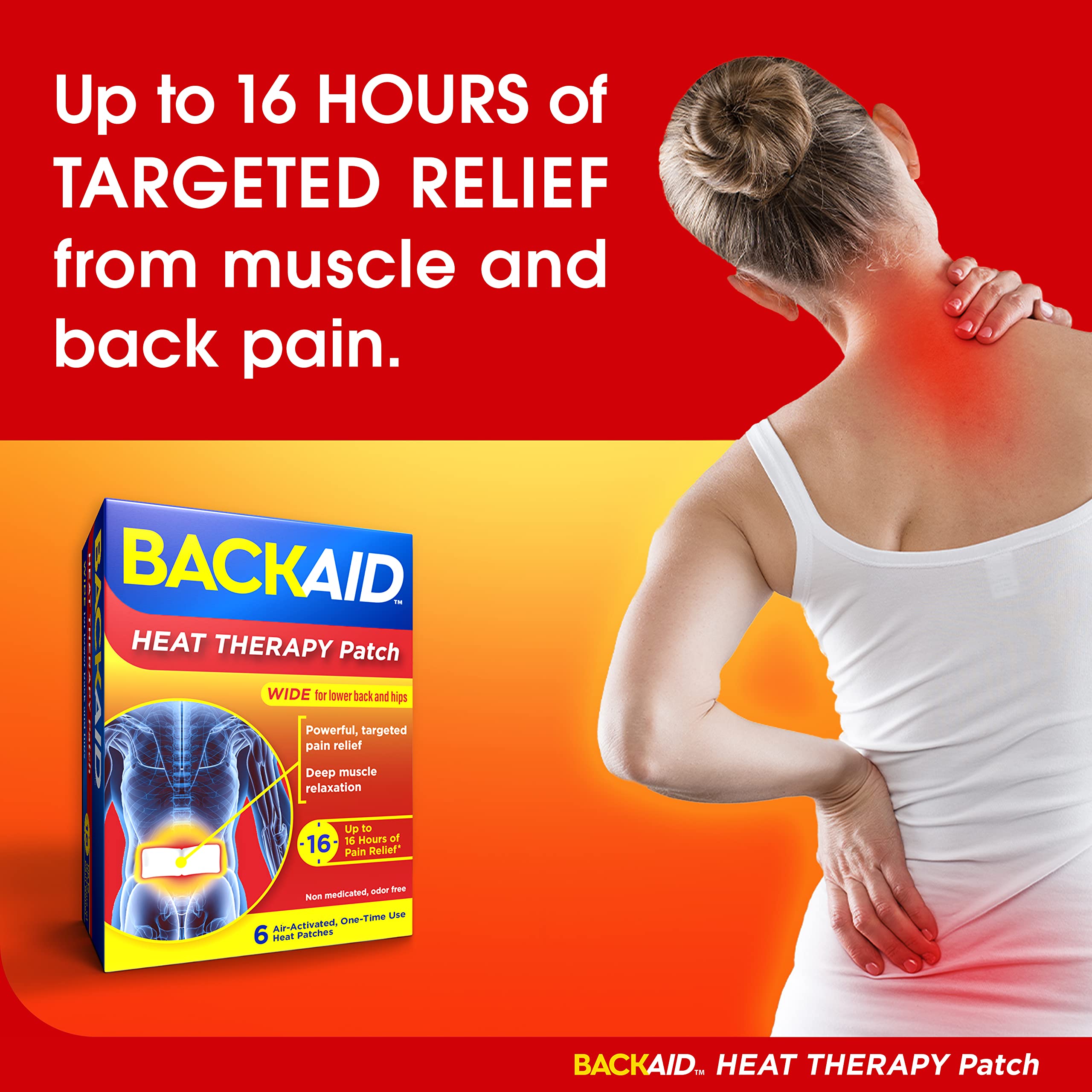 Backaid Heat Therapy Patch - Air-Activated Therapeutic Heating Pads for Lower Back & Hip Pain Relief (6 Count) - Perfect for Work, Travel & Post-Workout Recovery