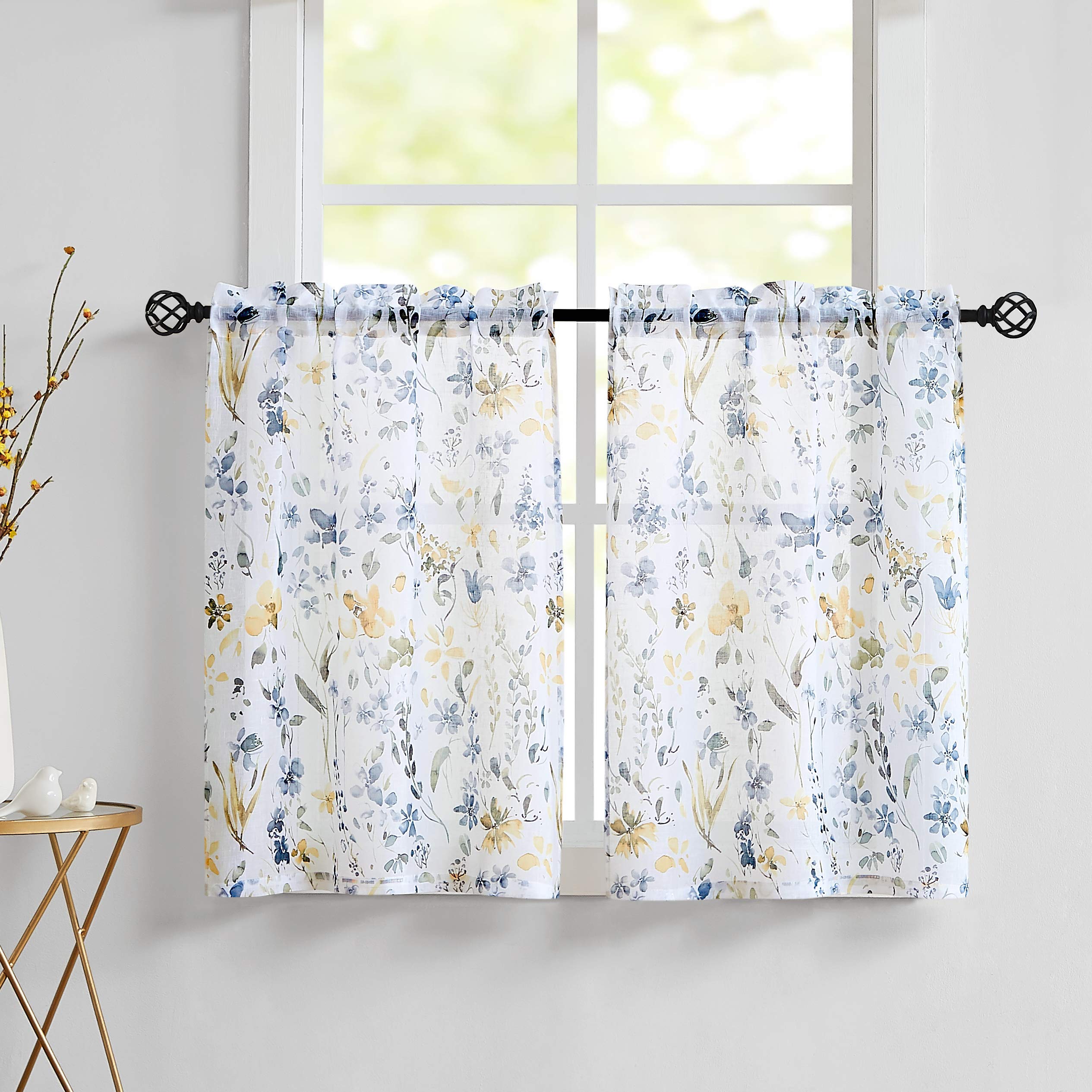 Fragrantex Yellow Grey Floral Kitchen Curtains 45 Inch Length - Watercolor Print Bathroom Window Curtains, Rustic Farmhouse Cafe Curtains with Linen Texture Fabric (28