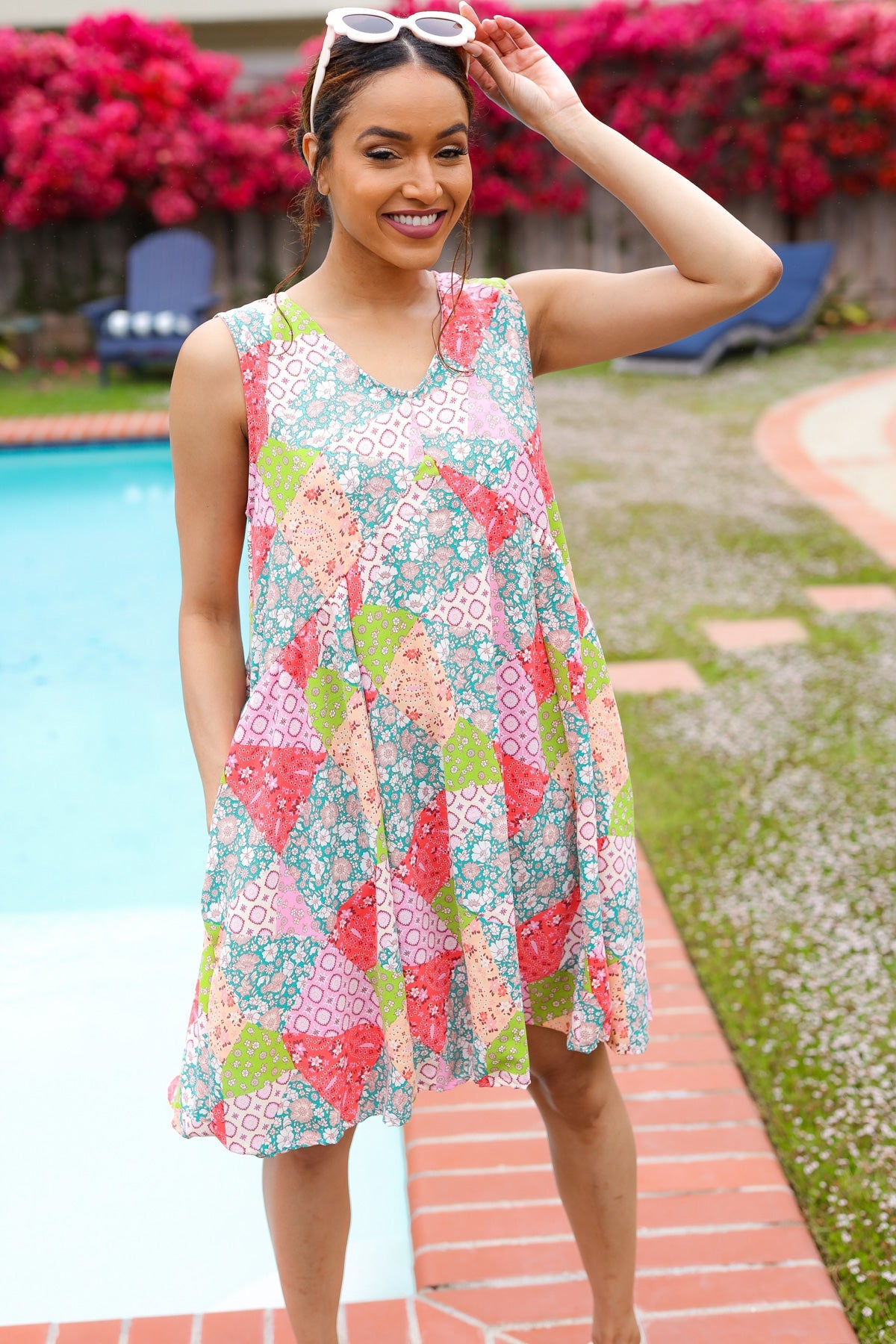 Hello Beautiful Peach & Sage Patchwork Babydoll Swing Dress - Flowy Summer Dress for Women, Boho Chic Midi Dress with Floral Print | Perfect for Beach Vacations, Date Nights & Outdoor Parties