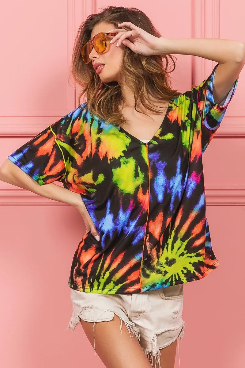 BiBi Tie Dye Print Jersey Stitched V Neck Top for Women - Soft Comfortable Casual T-Shirt for Summer, Beach, and Everyday Wear
