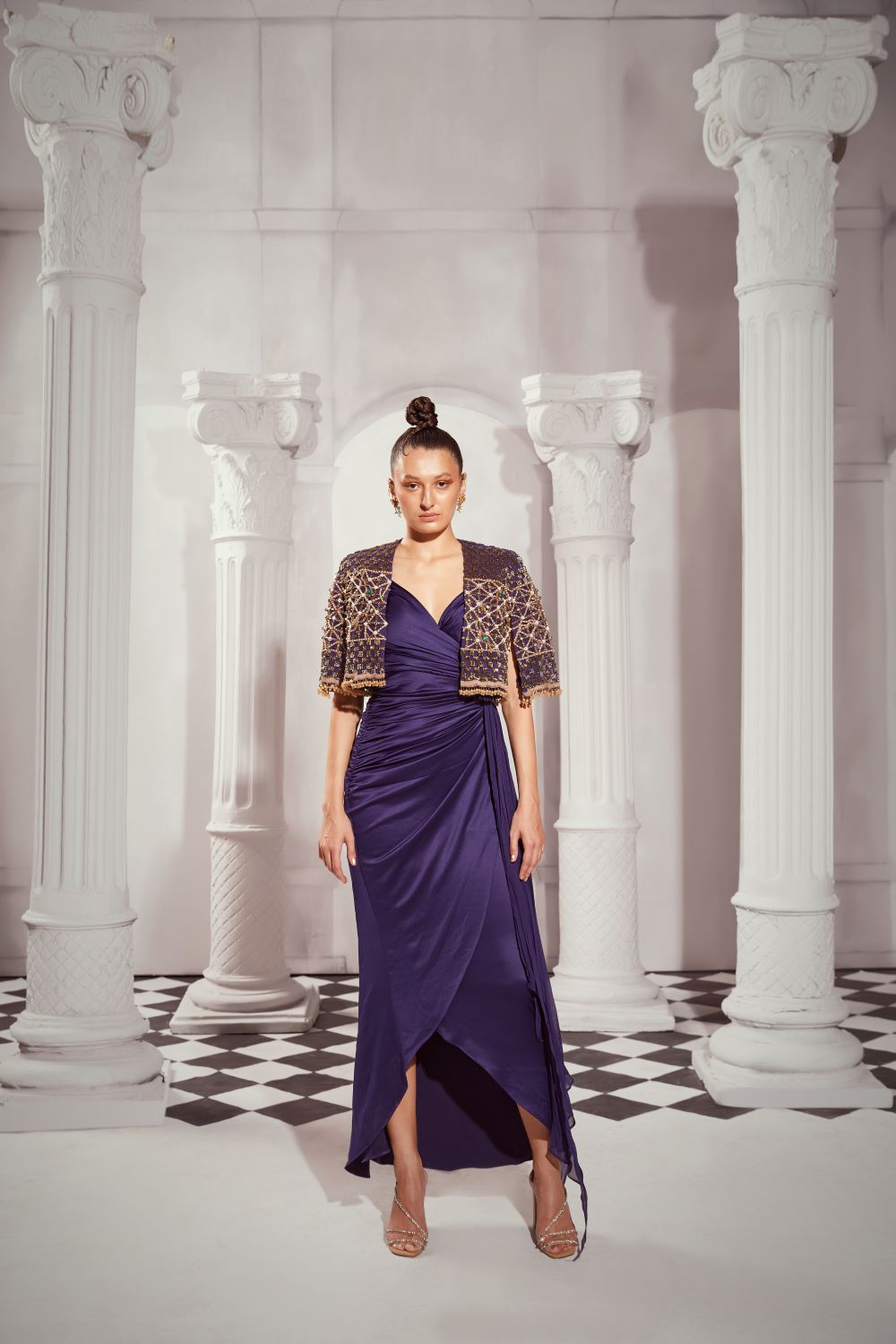 Elegant Navy Blue Draped Dress for Women - Formal Evening Gown & Cocktail Party Attire - Perfect for Weddings, Galas, and Special Occasions