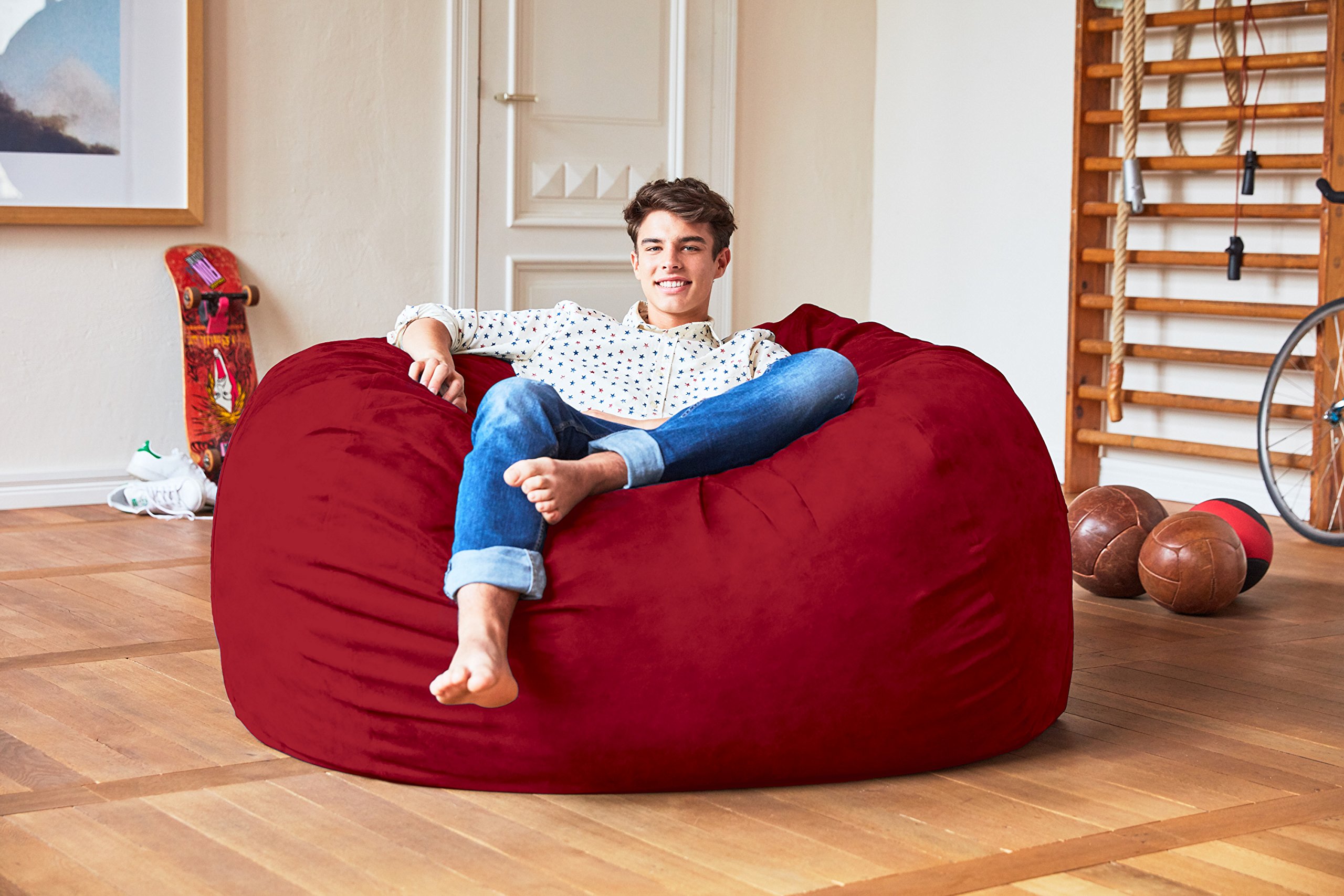 Luxurious 5ft Microsuede Bean Bag Chair with Ultra Soft Foam Filling - Washable Oversized Bean Bag Sofa for Kids Teens Adults - Perfect for Dorm Rooms, Living Rooms & Game Rooms - Red