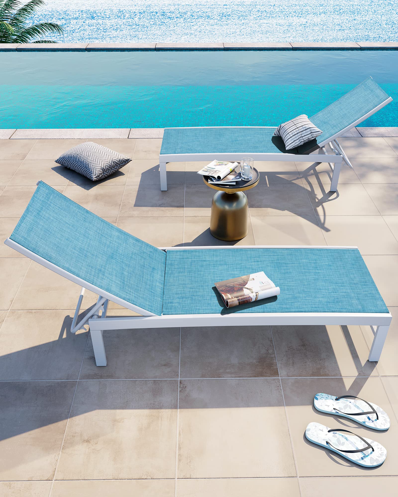 Crestlive Outdoor Lounge Chair Set of 2 - Aluminum Pool Chaise Lounge Chairs with 5-Position Adjustable Recliner, All-Weather Patio Furniture for Tanning, Beach, Yard & Poolside Relaxation (Blue) - Perfect for Sunbathing, Backyard Lounging and Outdoor Entertaining